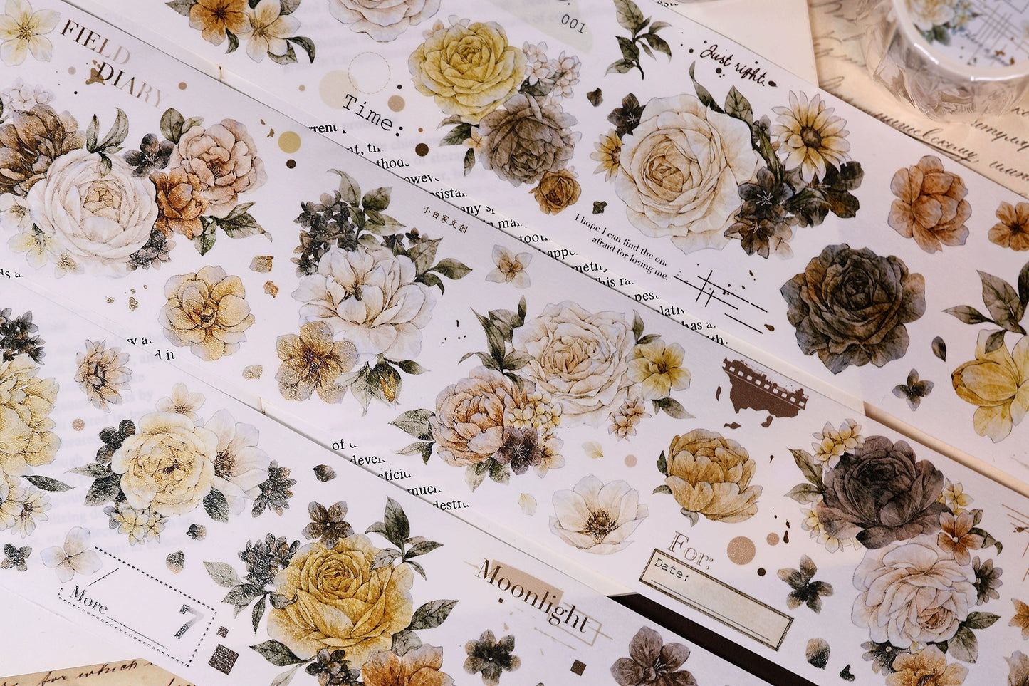 XiaoBaiJia【LanYan / Caramel Latte】Light Retro Flower Orginal Design Washi Pet Floral Tape Landscaping Stickers