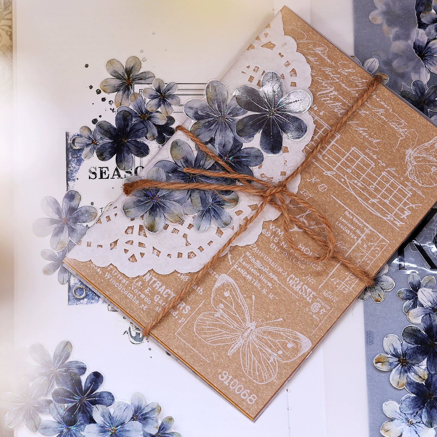 XiaoBaiJia【Deep Blue】Light Retro Blue-Black Flower Orginal Design Washi Pet Floral Tape Landscaping Stickers