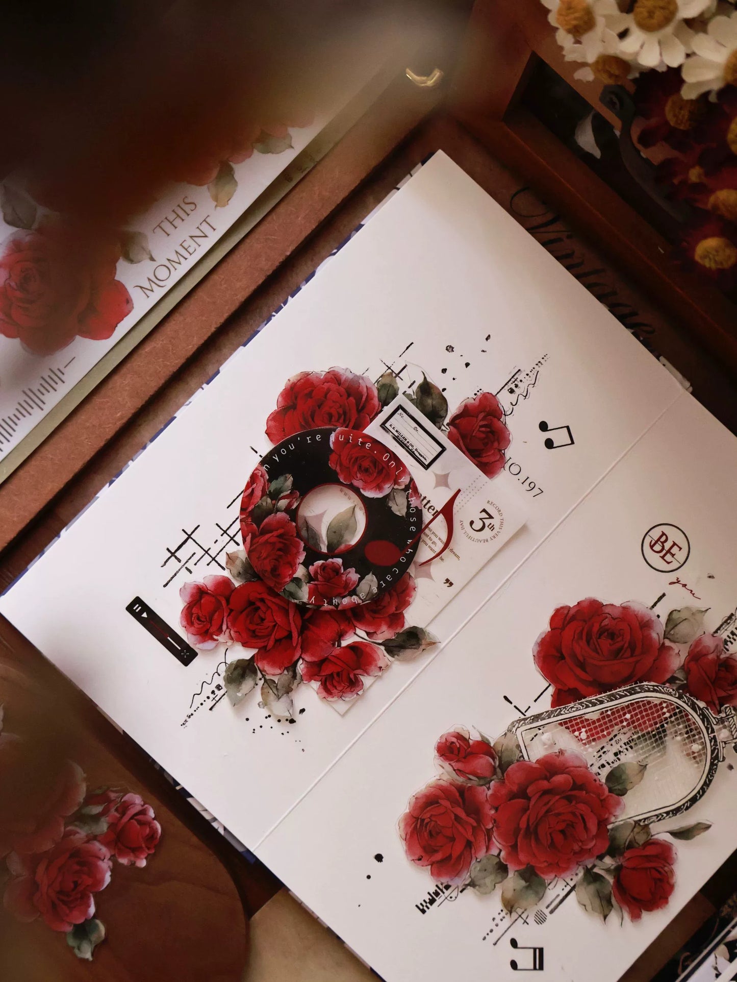 YiEr Vol14【Old Red Paper】Red Rose Floral Washi Tape and PET Stickers