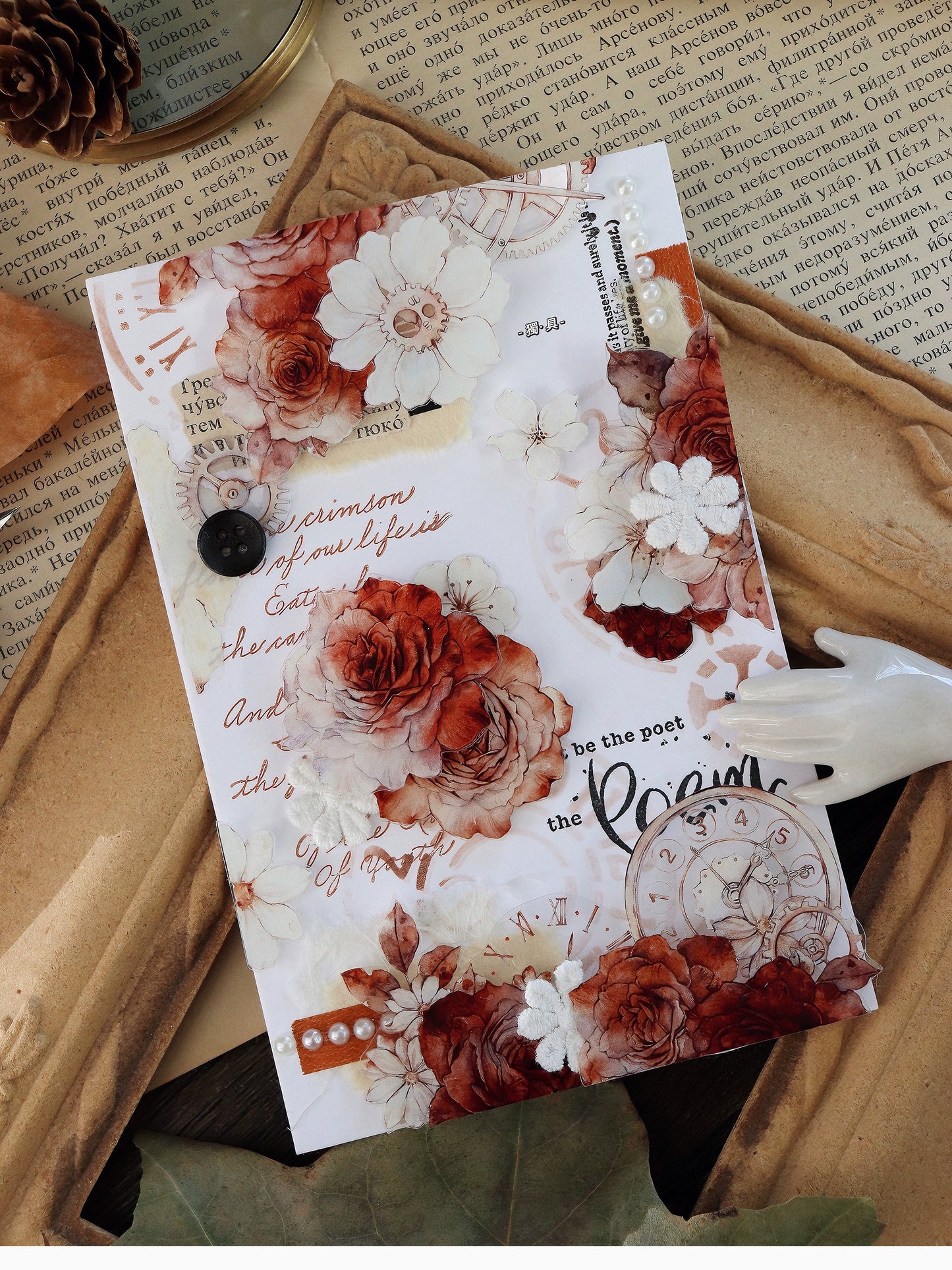 XiaoBaiJia【Flower Language Time】Light Retro Gear Red Moon Season Follower Orginal Design Washi Pet Tape Landscaping Stickers
