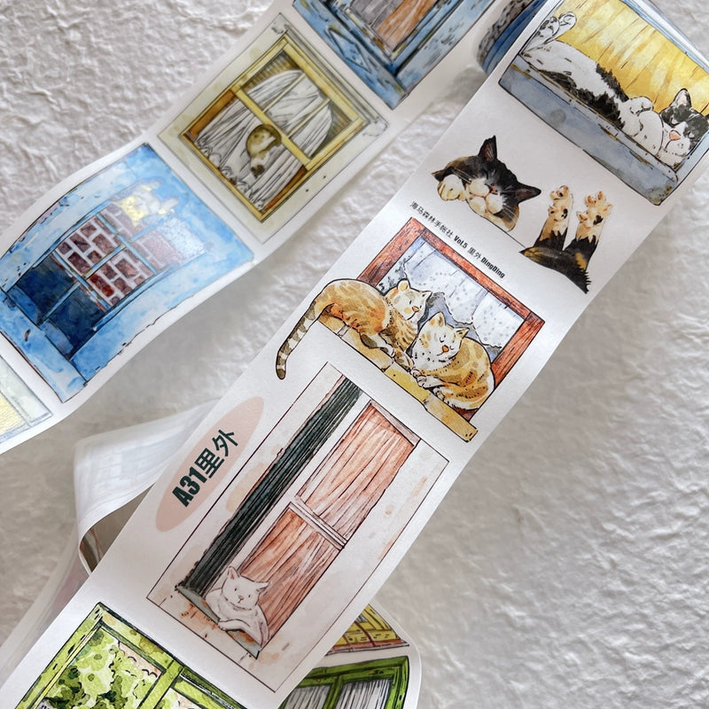 Seahorse Forest Vol5【A31#Inside and Outside】Cute Cat and Doors&Windows Scene,Original Design Pre-Cut Washi/PET Tape Stickers,for Scrapbook Supplies,Junk Journal Supplies