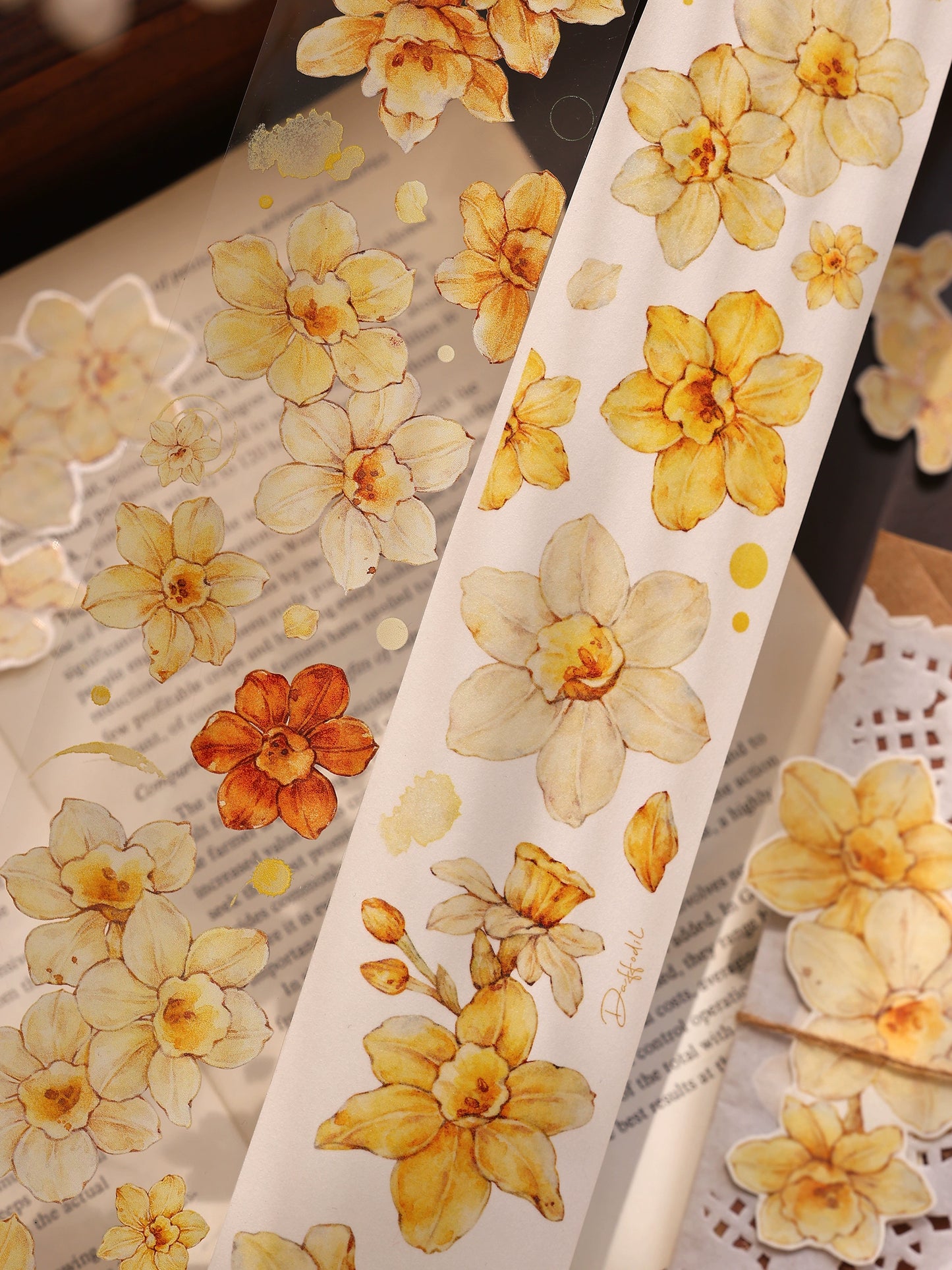 XiaoBaiJia【Narcissus】Light Retro Orange Yellow Big and Small Flowers Orginal Design Washi Pet Tape Landscaping Stickers