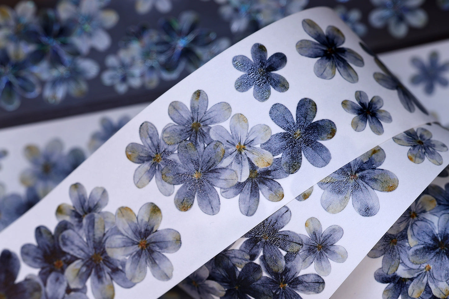 XiaoBaiJia【Deep Blue】Light Retro Blue-Black Flower Orginal Design Washi Pet Floral Tape Landscaping Stickers