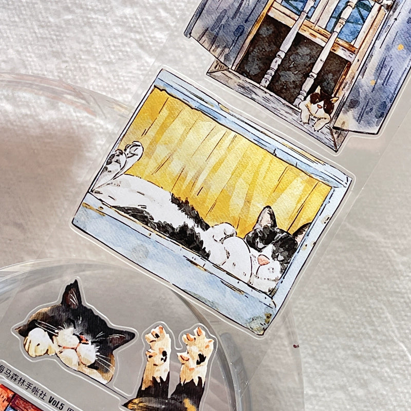 Seahorse Forest Vol5【A31#Inside and Outside】Cute Cat and Doors&Windows Scene,Original Design Pre-Cut Washi/PET Tape Stickers,for Scrapbook Supplies,Junk Journal Supplies