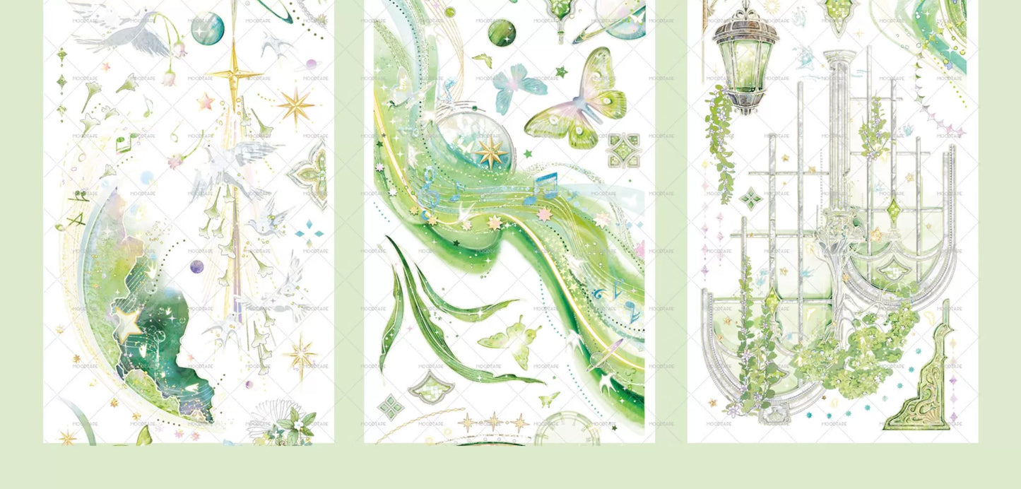 Moodtape【Green Moonlight】Landscap Original Design Washi/Pet Tape Stickers,for Scrapbook Supplies,Scrapbook Tape Stickers,Junk Journal Supplies