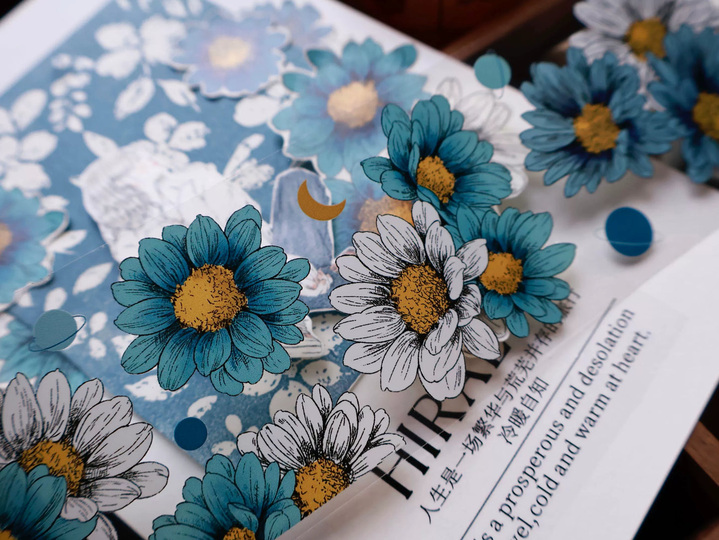 YiEr Vol14【Van Gogh Gardens】Blue Chrysanthemum Floral Washi Tape and PET Stickers