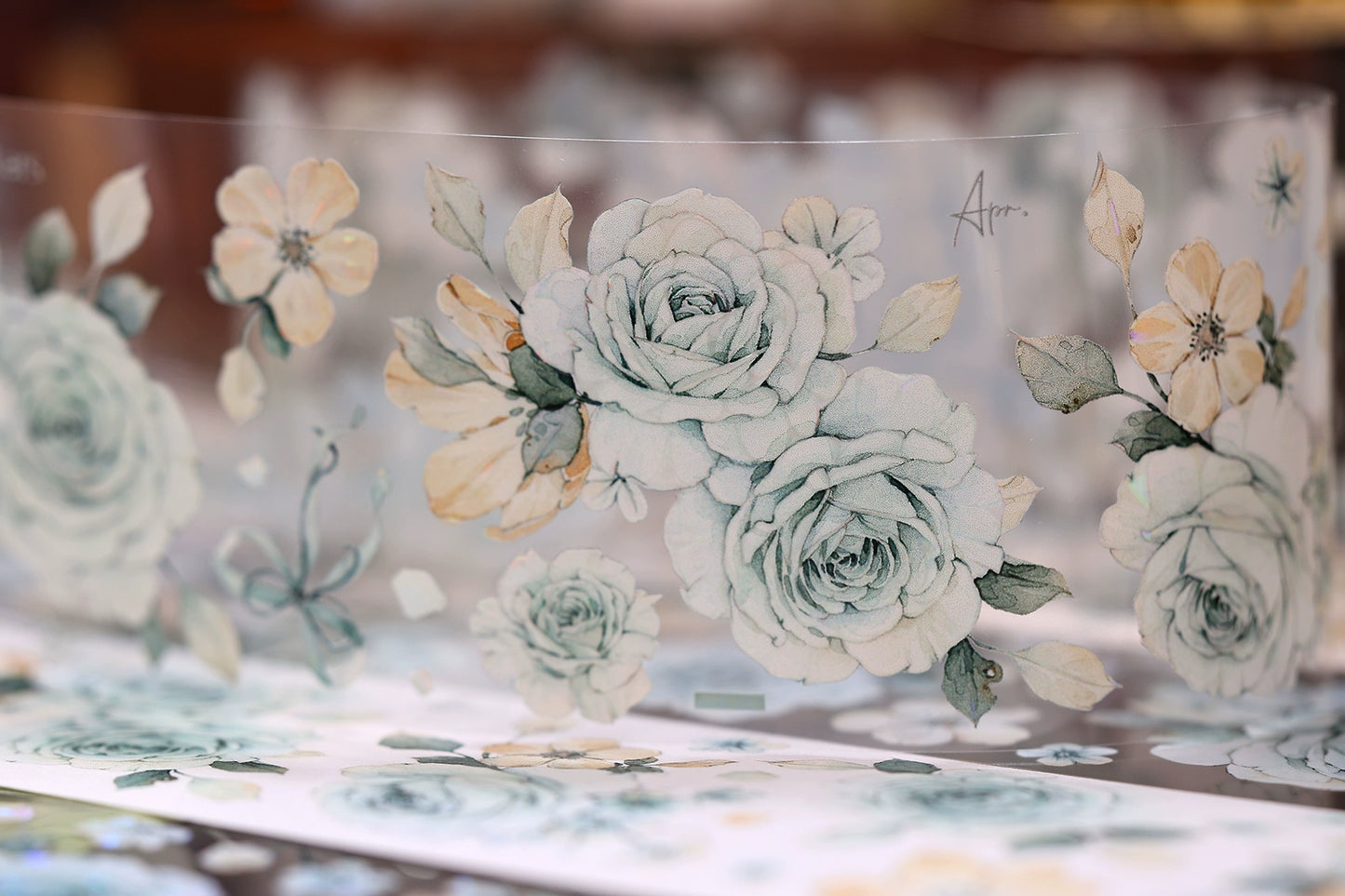 XiaoBaiJia【Clear Sky/Morning Mist】Light Retro Mint Green Flower Orginal Design Washi Pet Floral Tape Landscaping Stickers