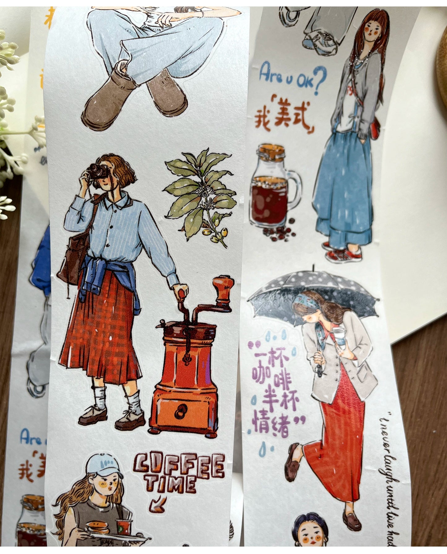 ZiYuanSu Vol12【Coffee Freedom&Comfortable Season】Pre-Cut Original Design Character Washi/PET Tape Stickers, for Scrapbook Supplies,Scrapbook Tape Stickers,Junk Journal Supplies, Journaling Stickers,Bullet Journals
