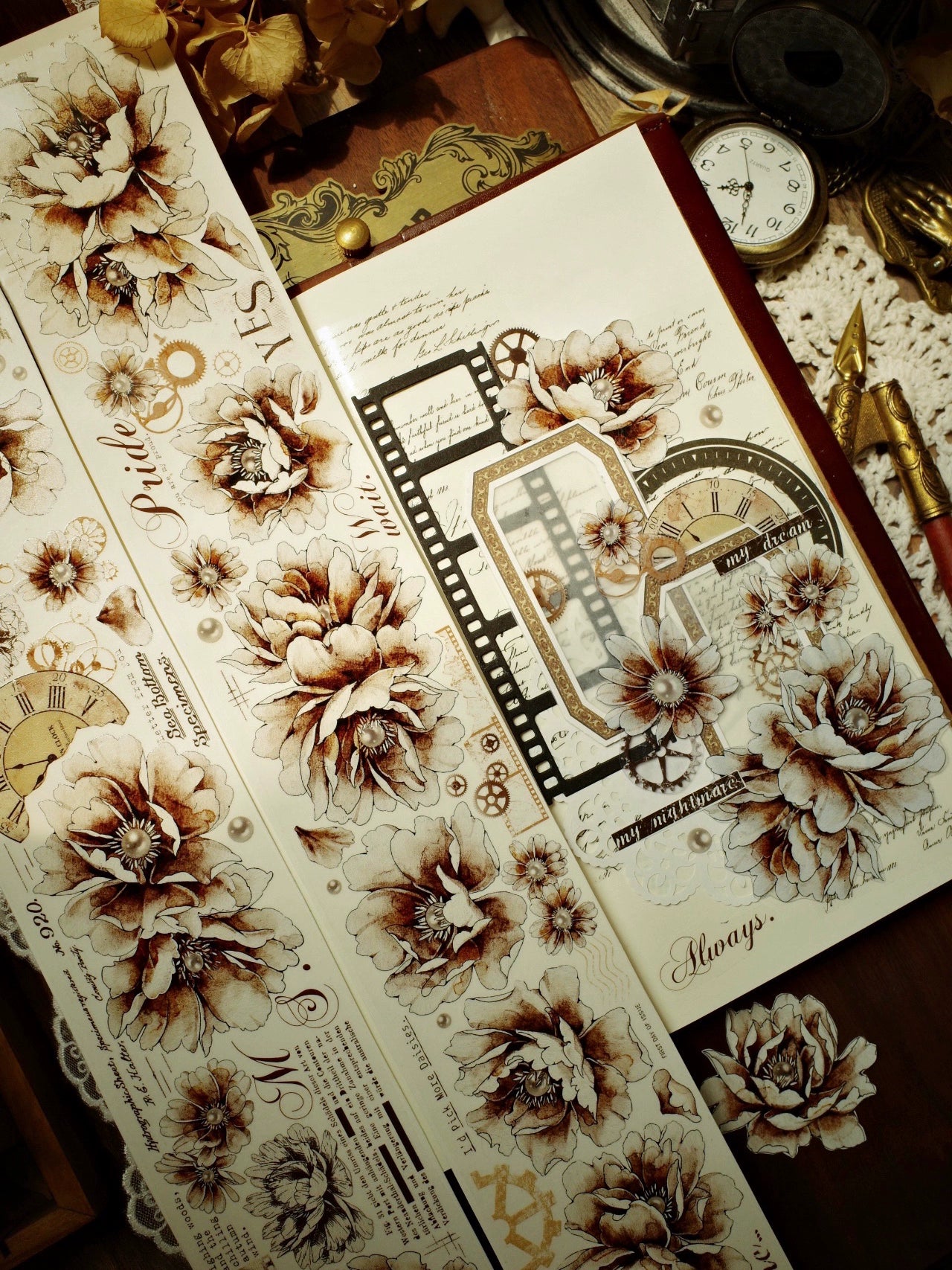 YiEr【Old Times】Orginal Design Washi/Pet Tape Light Retro Floral Stickers