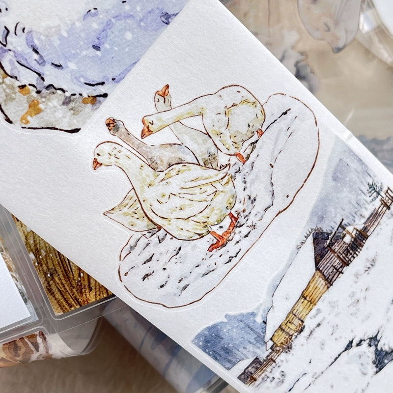 DingDing Vol8【27#Winter】Cute Cat&Rabbit&Fox and Snow Scene,Original Character Design Vintage Casualness Girl Washi/PET Tape Stickers, for Scrapbook Supplies,Scrapbook Tape Stickers,Junk Journal Supplies