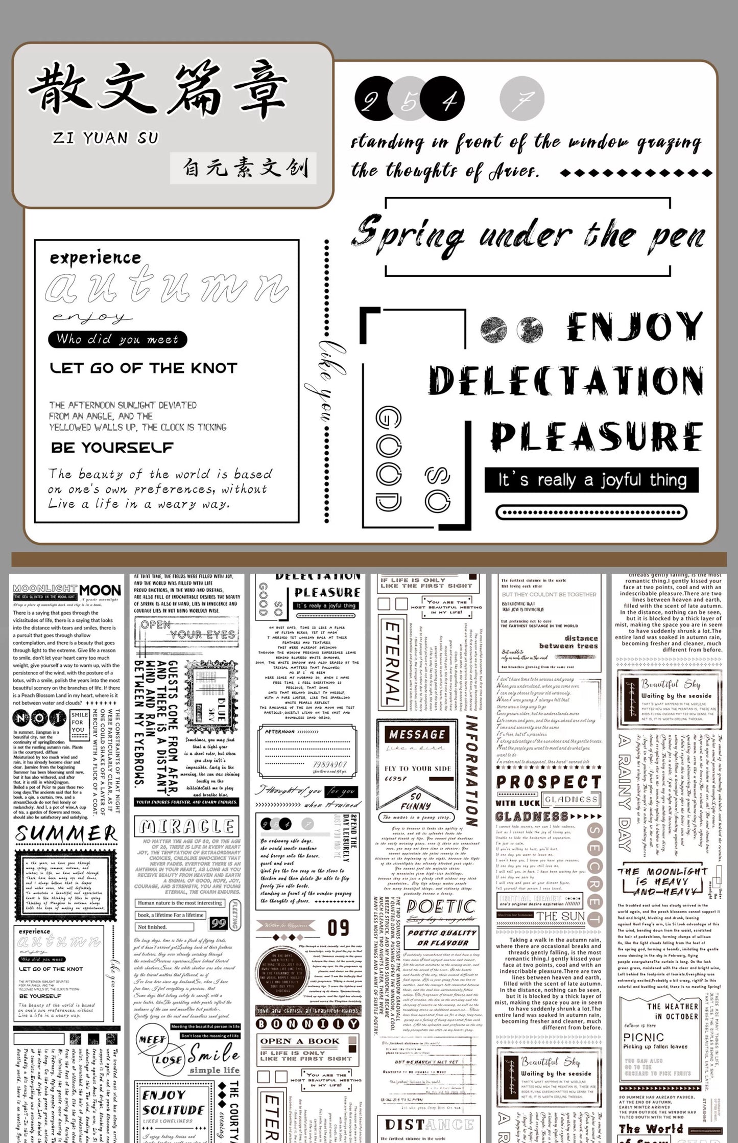 ZiYuanSu【Prose Discourse】English Text Pre-cut Washi/PET Tape,for Scrapbook Supplies,Scrapbook Tape Stickers,Junk Journal Supplies