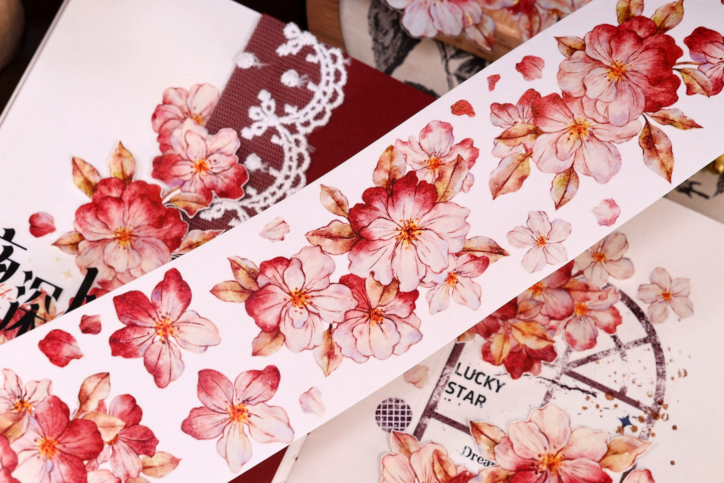 XiaoBaiJia【Red Longing Follower】Light Retro Red Flower Orginal Design Washi Pet Floral Tape Landscaping Stickers