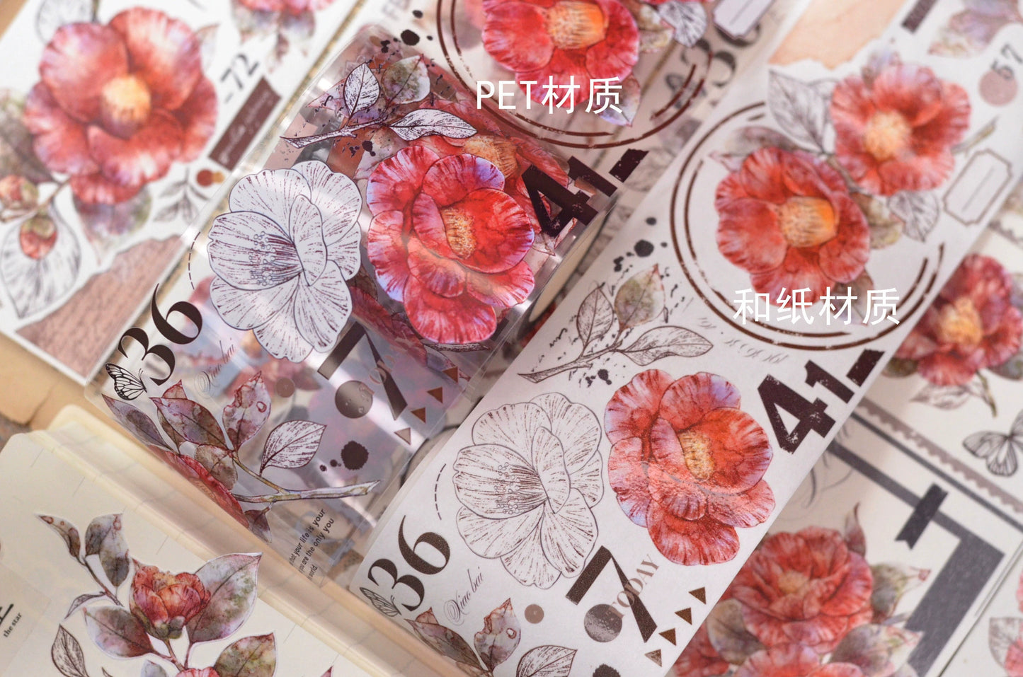 XiaoBaiJia【Red Tea】Light Retro Orginal Design Washi Pet Floral Tape Light Retro Landscaping Stickers