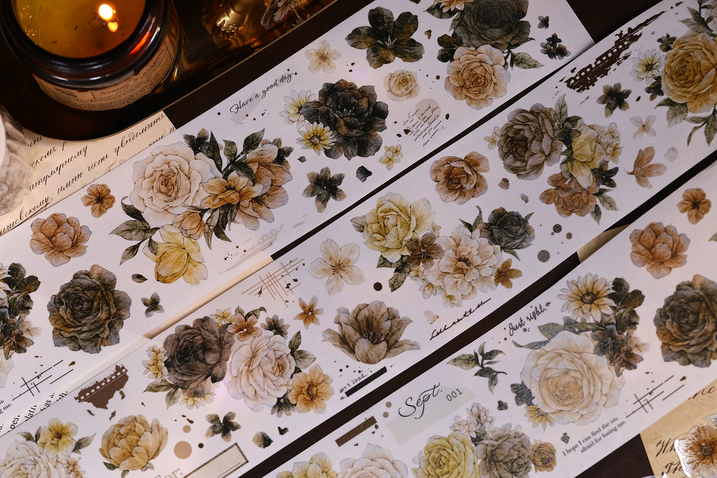 XiaoBaiJia【LanYan / Caramel Latte】Light Retro Flower Orginal Design Washi Pet Floral Tape Landscaping Stickers