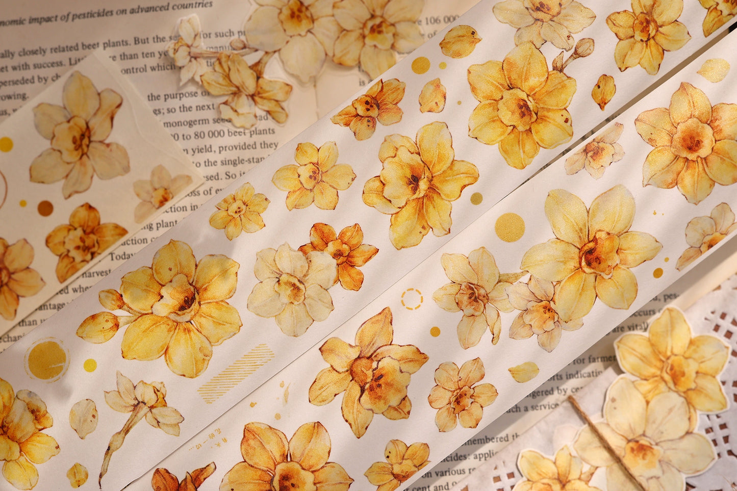 XiaoBaiJia【Narcissus】Light Retro Orange Yellow Big and Small Flowers Orginal Design Washi Pet Tape Landscaping Stickers