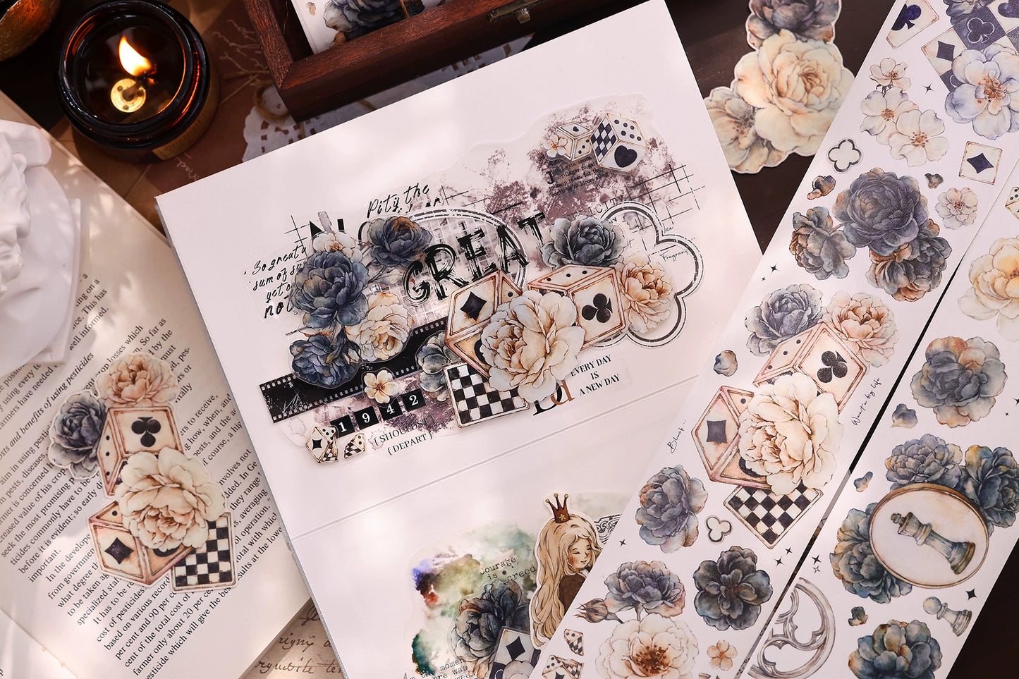 XiaoBaiJia【Black and White Dream】Light Retro Rose Black and White Follower Orginal Design Washi Pet Tape Landscaping Stickers
