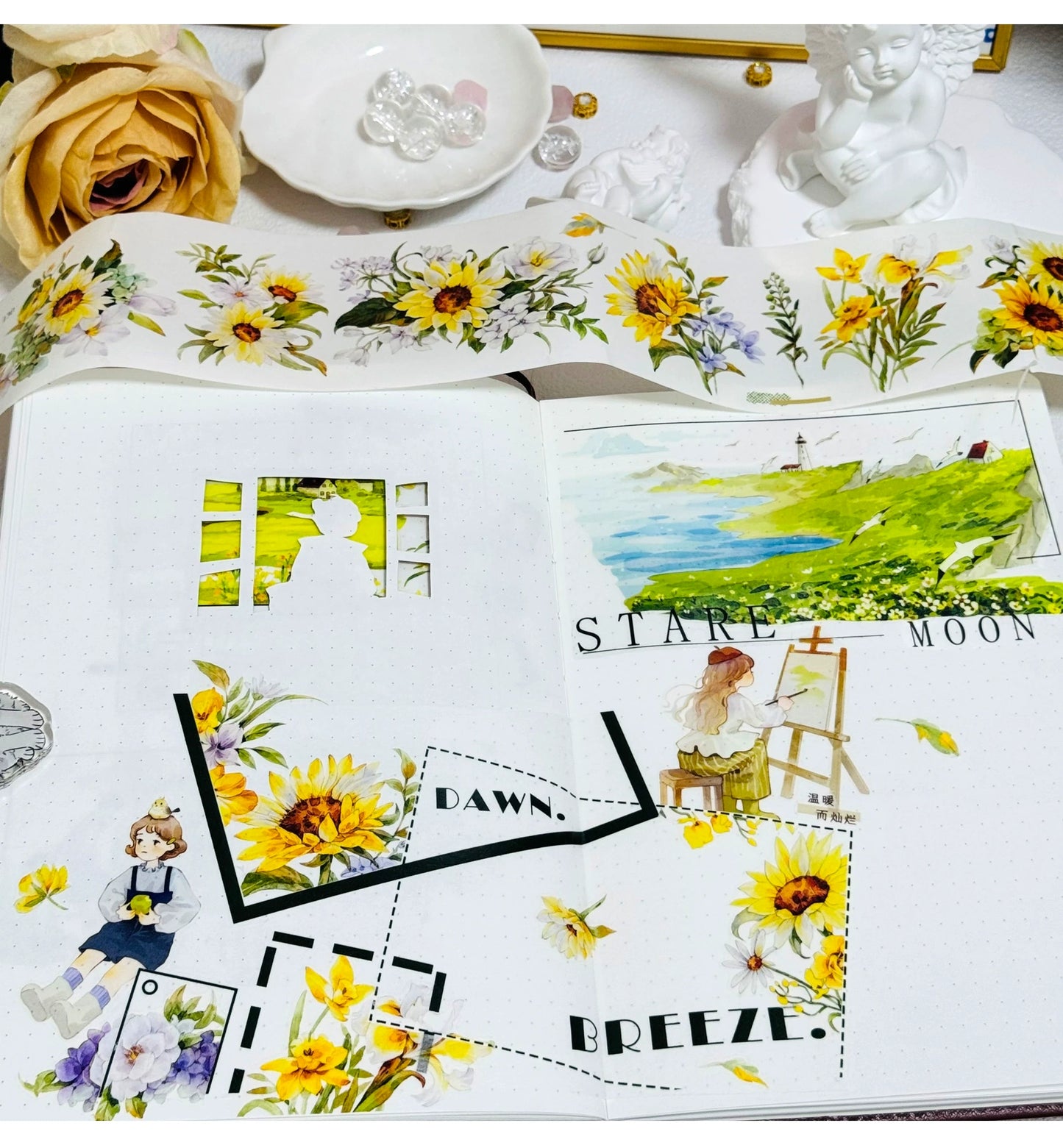 ZiYuanSu Vol12【Radiant Sunflower Color】Scene/Landscape Pre-cut Washi/PET Tape,for Scrapbook Supplies,Scrapbook Tape Stickers,Junk Journal Supplies