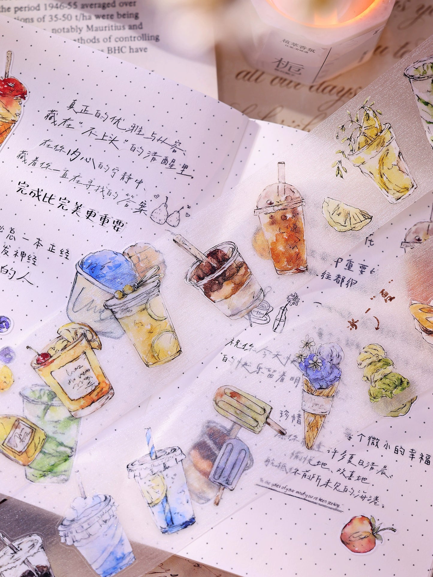 XiaoBaiJia Minimalist Style【Cool Summer】Drink Milk Tea,Pre-cut Light Retro Orginal Design Washi Pet Tape Landscape Stickers