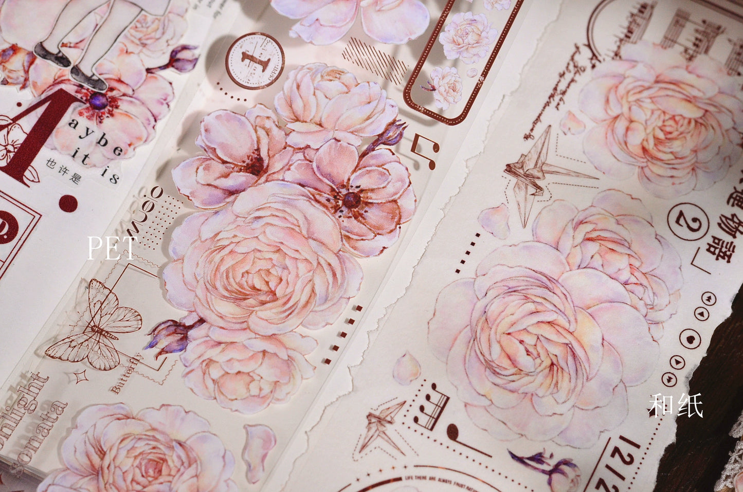 XiaoBaiJia【Bluish White】Light Retro Orginal Design Washi Pet Austin Rose Floral Tape Light Retro Landscaping Stickers