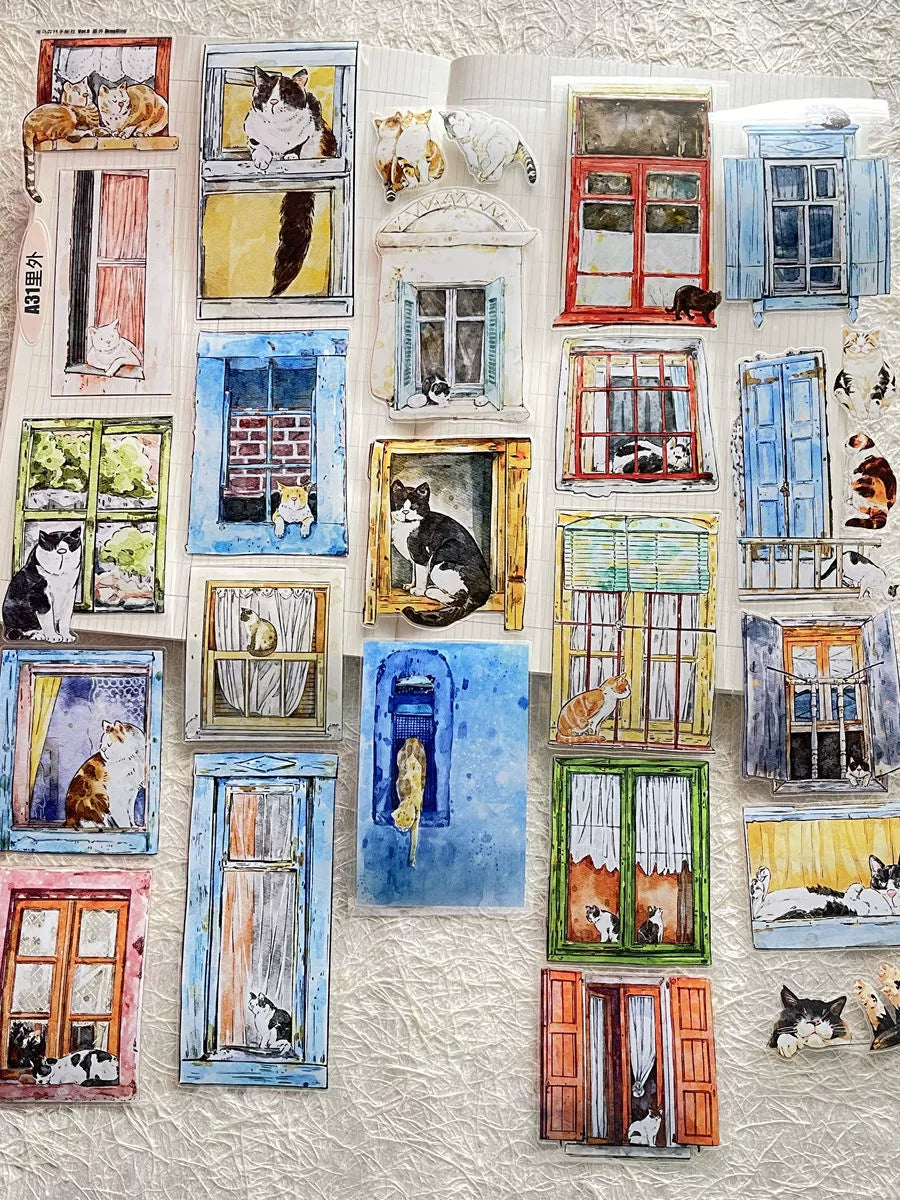 Seahorse Forest Vol5【A31#Inside and Outside】Cute Cat and Doors&Windows Scene,Original Design Pre-Cut Washi/PET Tape Stickers,for Scrapbook Supplies,Junk Journal Supplies