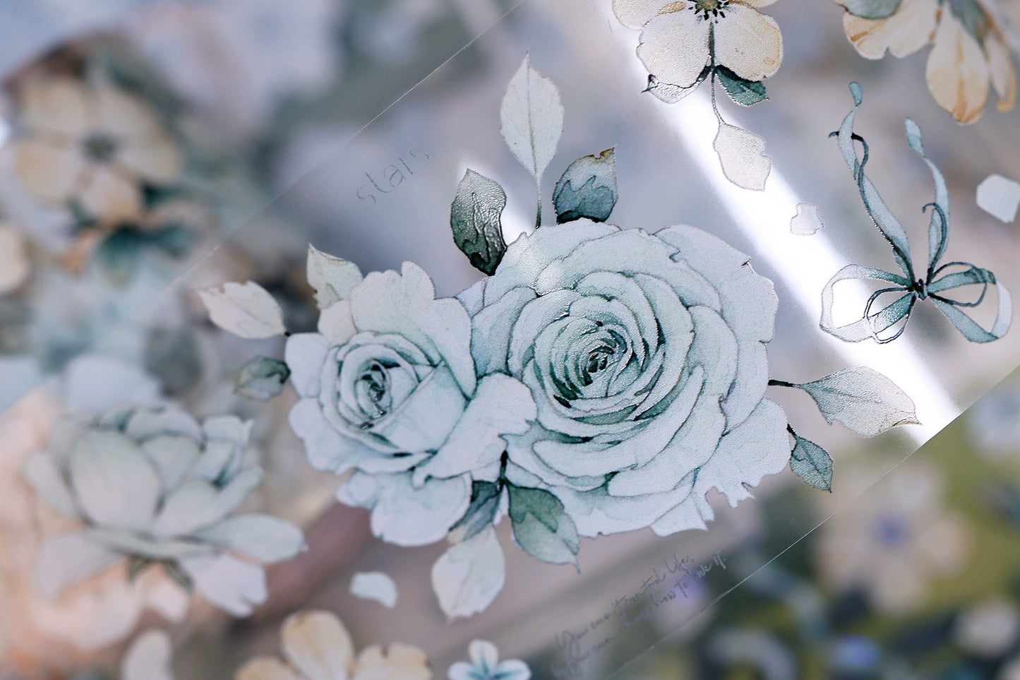 XiaoBaiJia【Clear Sky/Morning Mist】Light Retro Mint Green Flower Orginal Design Washi Pet Floral Tape Landscaping Stickers