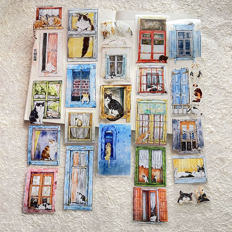 Seahorse Forest Vol5【A31#Inside and Outside】Cute Cat and Doors&Windows Scene,Original Design Pre-Cut Washi/PET Tape Stickers,for Scrapbook Supplies,Junk Journal Supplies