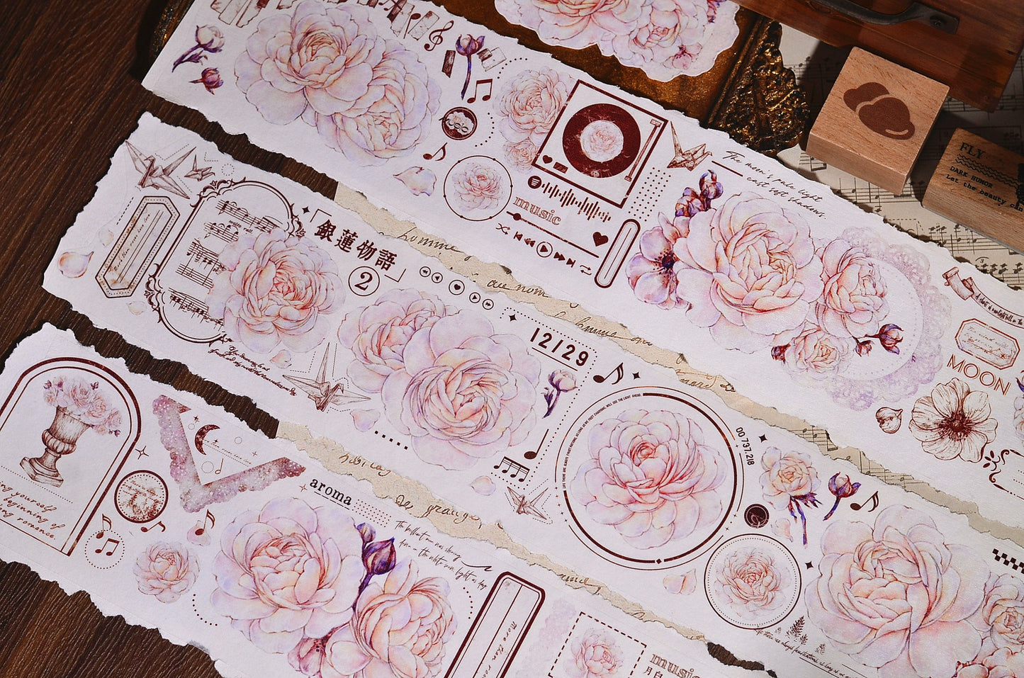 XiaoBaiJia【Bluish White】Light Retro Orginal Design Washi Pet Austin Rose Floral Tape Light Retro Landscaping Stickers