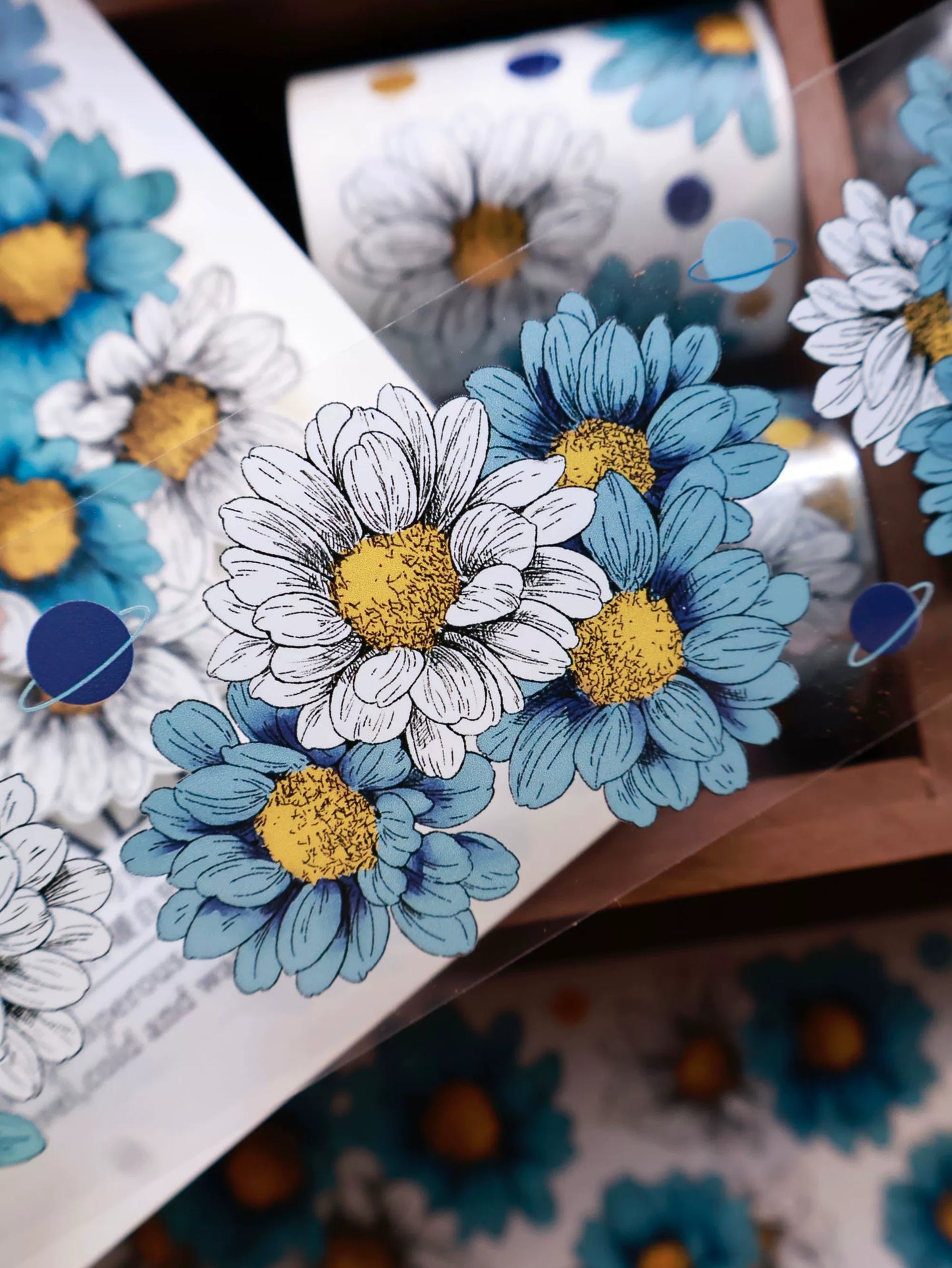 YiEr Vol14【Van Gogh Gardens】Blue Chrysanthemum Floral Washi Tape and PET Stickers