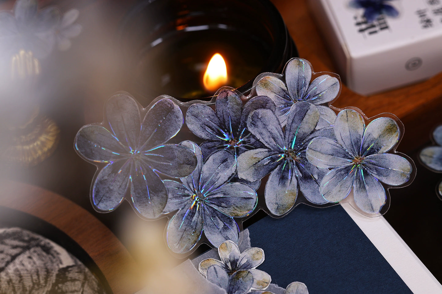 XiaoBaiJia【Deep Blue】Light Retro Blue-Black Flower Orginal Design Washi Pet Floral Tape Landscaping Stickers