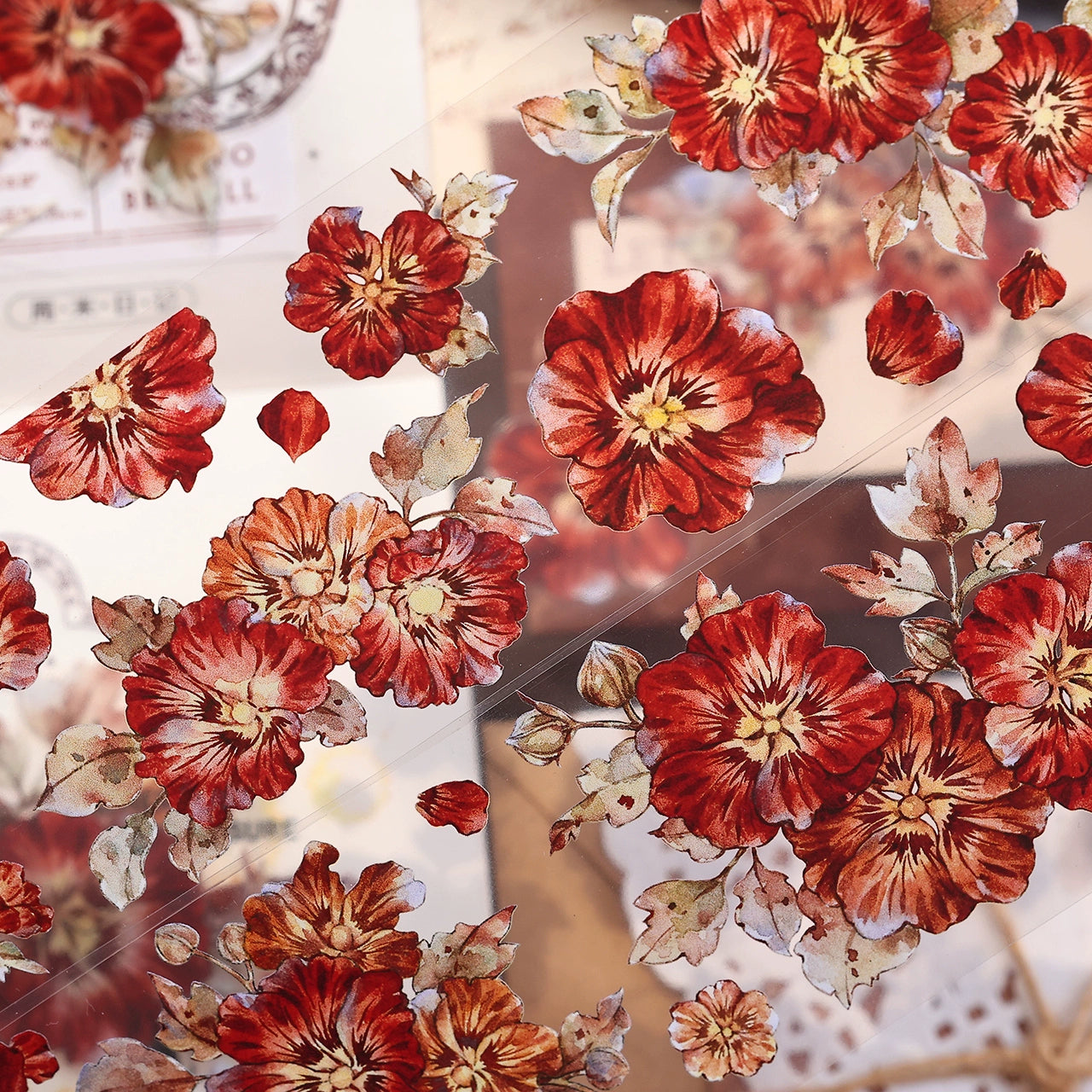 XiaoBaiJia【Hollyhock】Light Retro Red Orange Large and Small Flowers Orginal Design Washi Pet Tape Landscaping Stickers