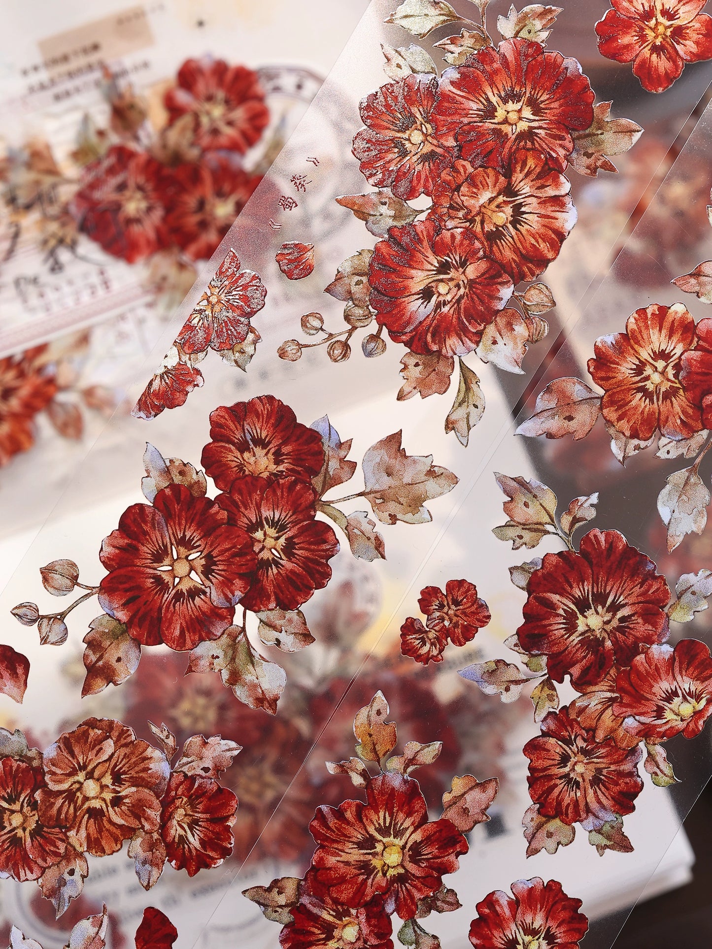 XiaoBaiJia【Hollyhock】Light Retro Red Orange Large and Small Flowers Orginal Design Washi Pet Tape Landscaping Stickers