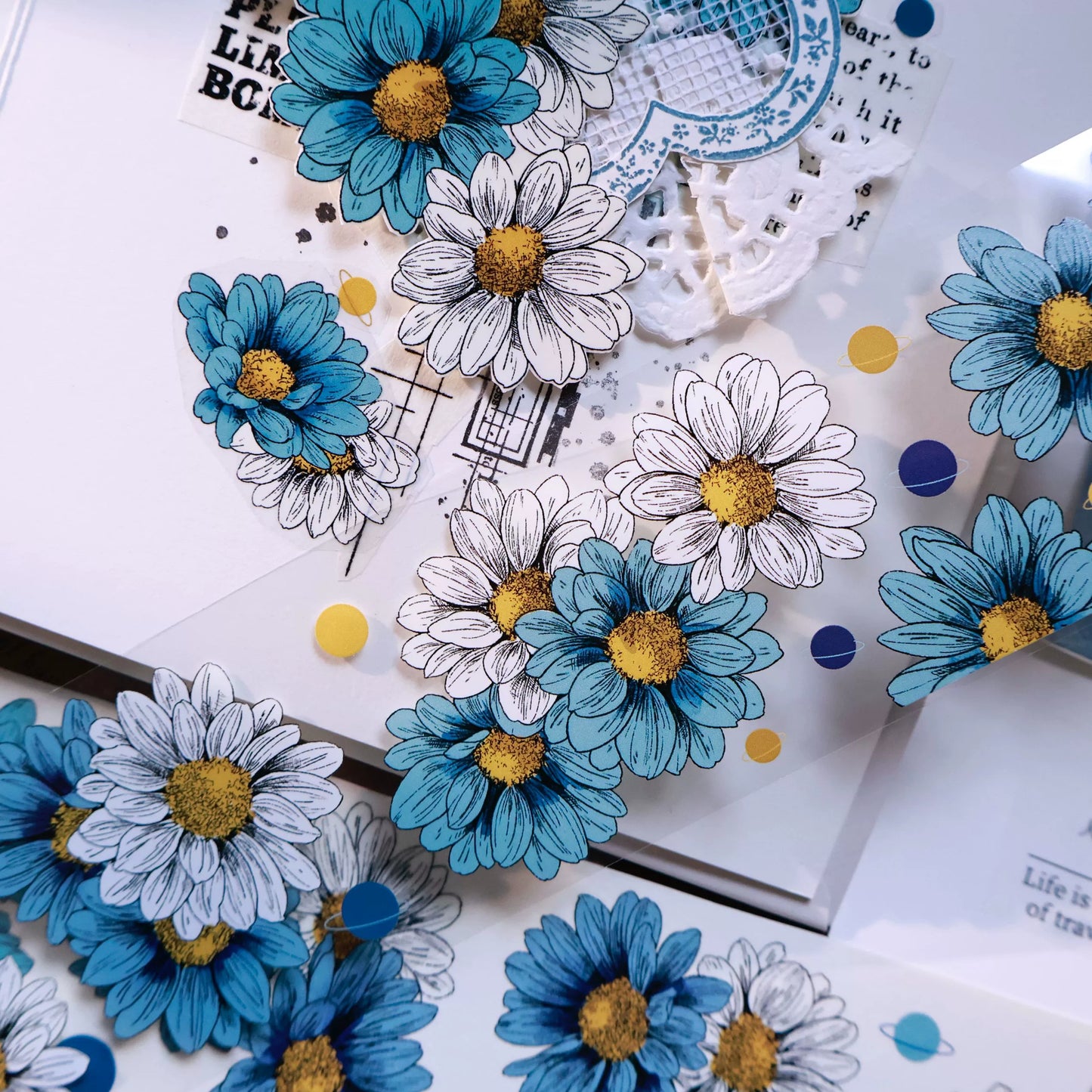 YiEr Vol14【Van Gogh Gardens】Blue Chrysanthemum Floral Washi Tape and PET Stickers