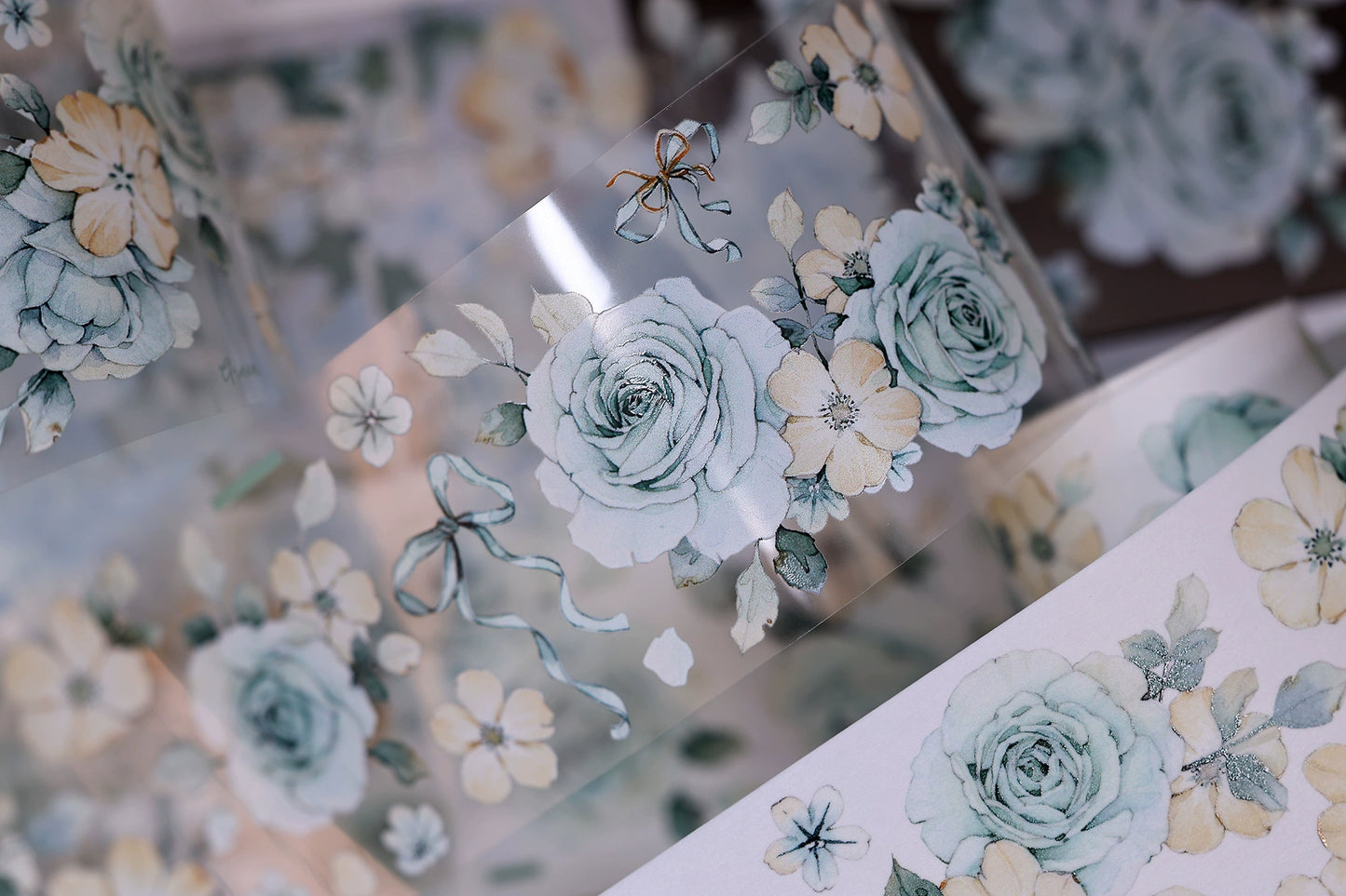 XiaoBaiJia【Clear Sky/Morning Mist】Light Retro Mint Green Flower Orginal Design Washi Pet Floral Tape Landscaping Stickers