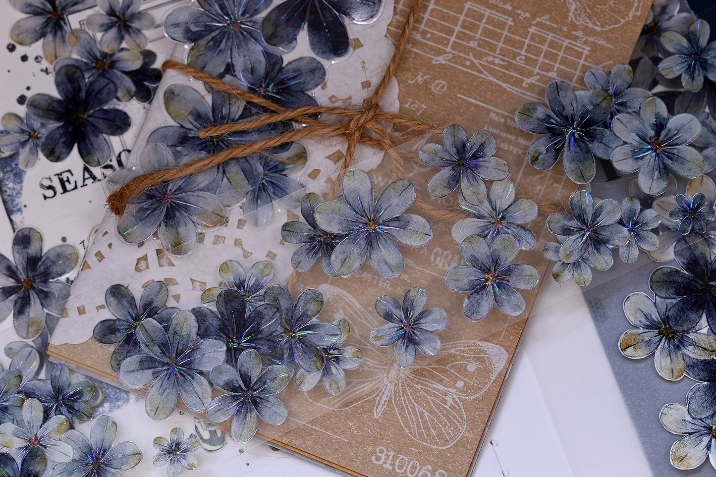 XiaoBaiJia【Deep Blue】Light Retro Blue-Black Flower Orginal Design Washi Pet Floral Tape Landscaping Stickers