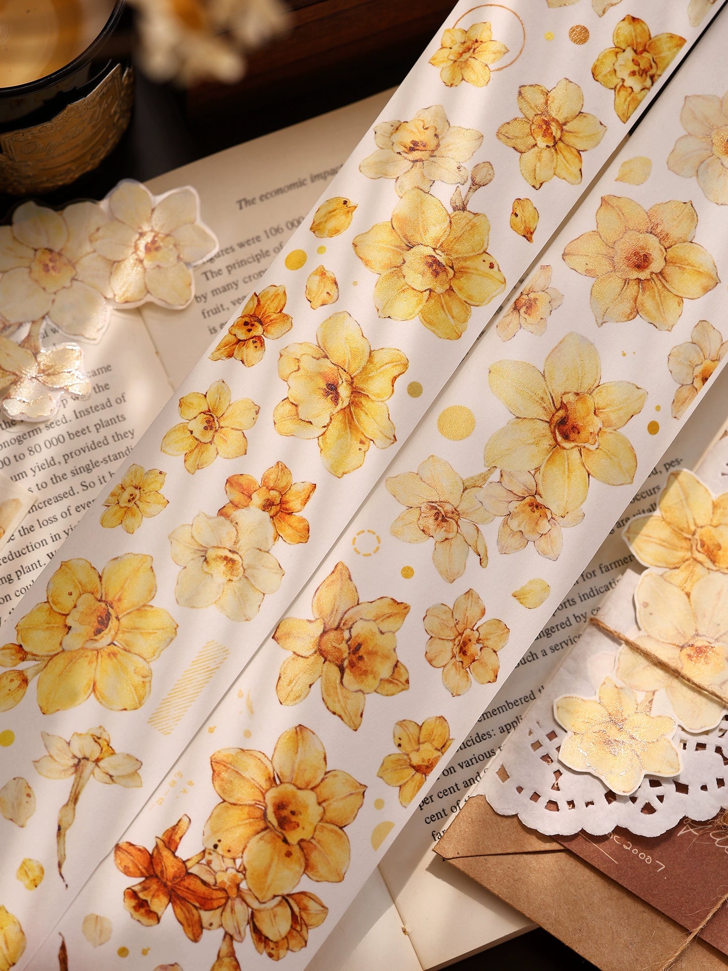 XiaoBaiJia【Narcissus】Light Retro Orange Yellow Big and Small Flowers Orginal Design Washi Pet Tape Landscaping Stickers
