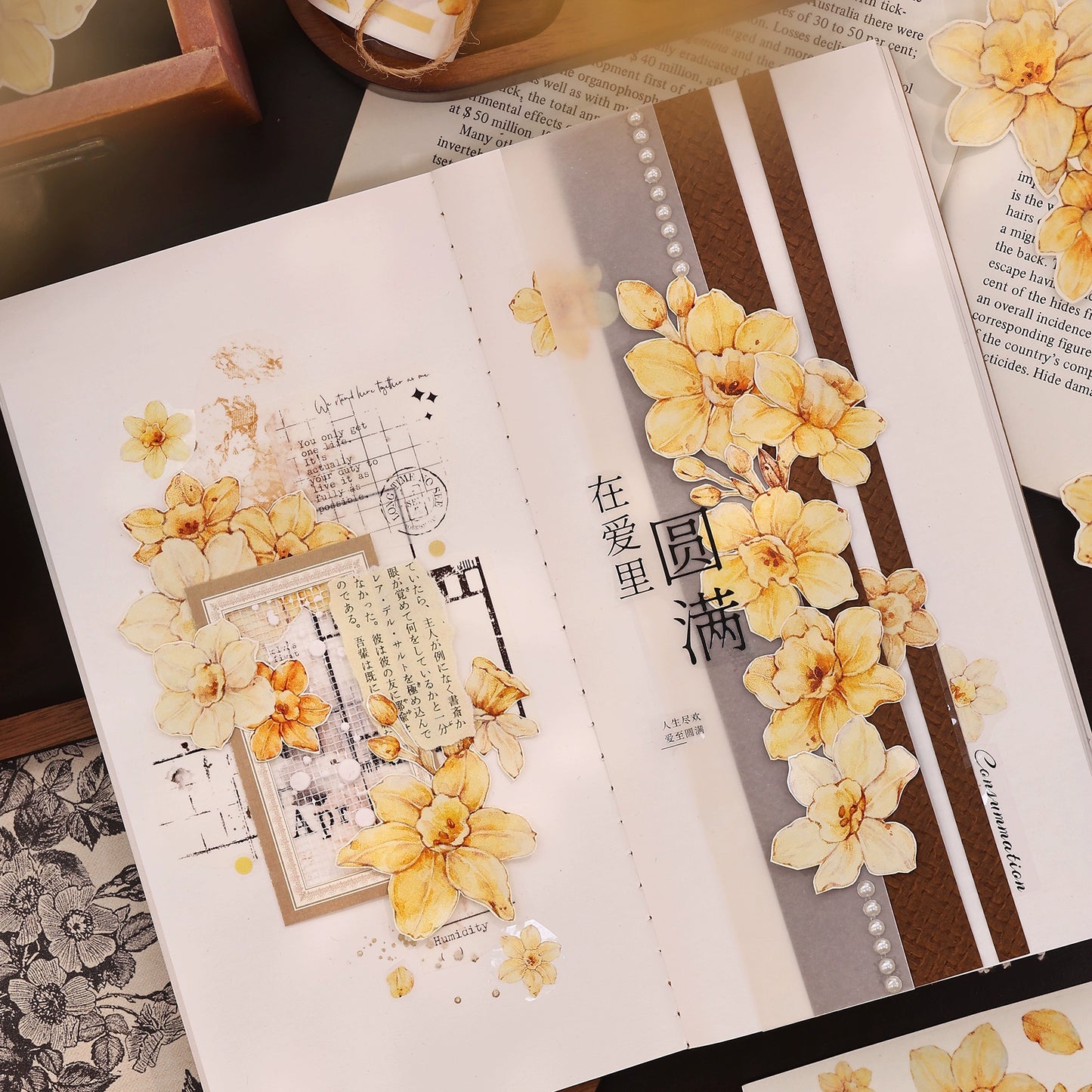 XiaoBaiJia【Narcissus】Light Retro Orange Yellow Big and Small Flowers Orginal Design Washi Pet Tape Landscaping Stickers
