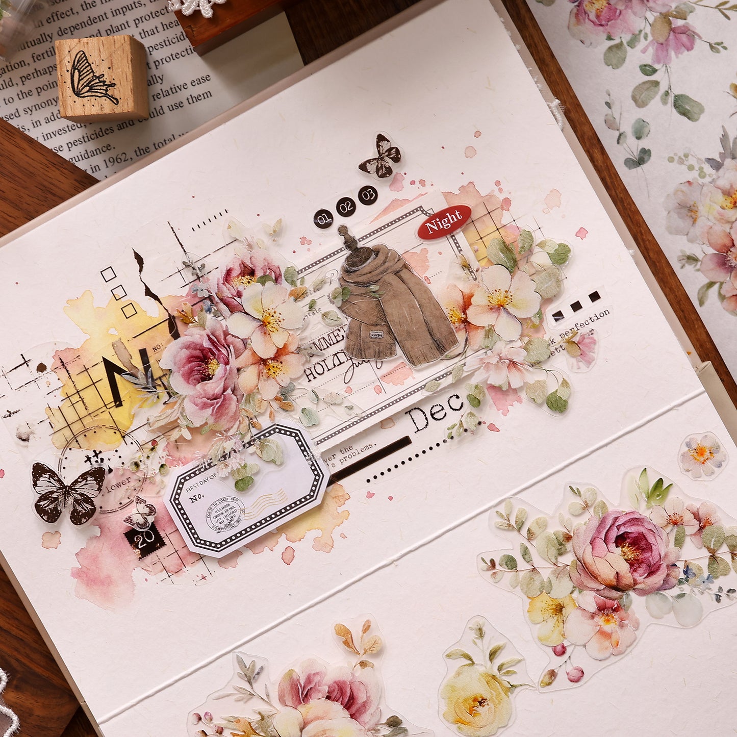 XiaoBaiJia 【Numerous Flowers】Orginal Design Washi/Pet Tape Light Retro Landscaping Stickers,for Scrapbook Supplies,Scrapbook Tape Stickers,Junk Journal Supplies