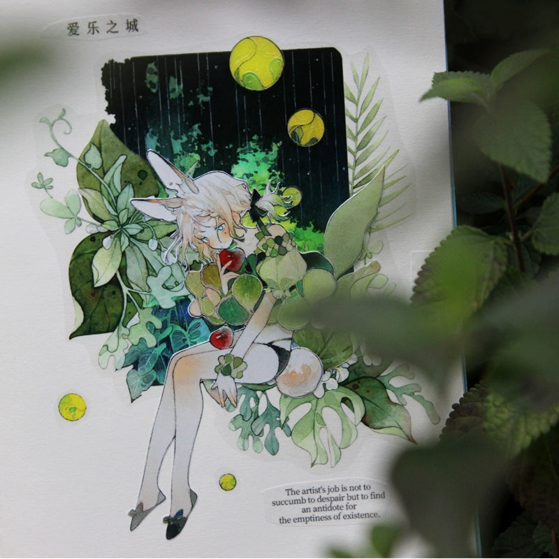 Moodtape【At Dusk in Spring and Green Mountains】Original Character Elf Design Washi/Pet Tape Stickers,for Scrapbook Supplies,Scrapbook Tape Stickers,Junk Journal Suppliesmoodtape