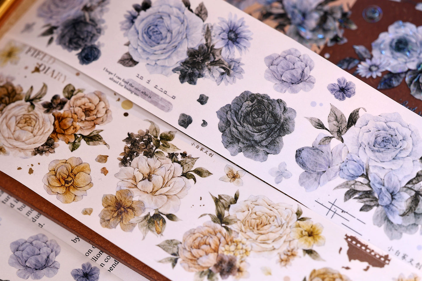 XiaoBaiJia【LanYan / Caramel Latte】Light Retro Flower Orginal Design Washi Pet Floral Tape Landscaping Stickers