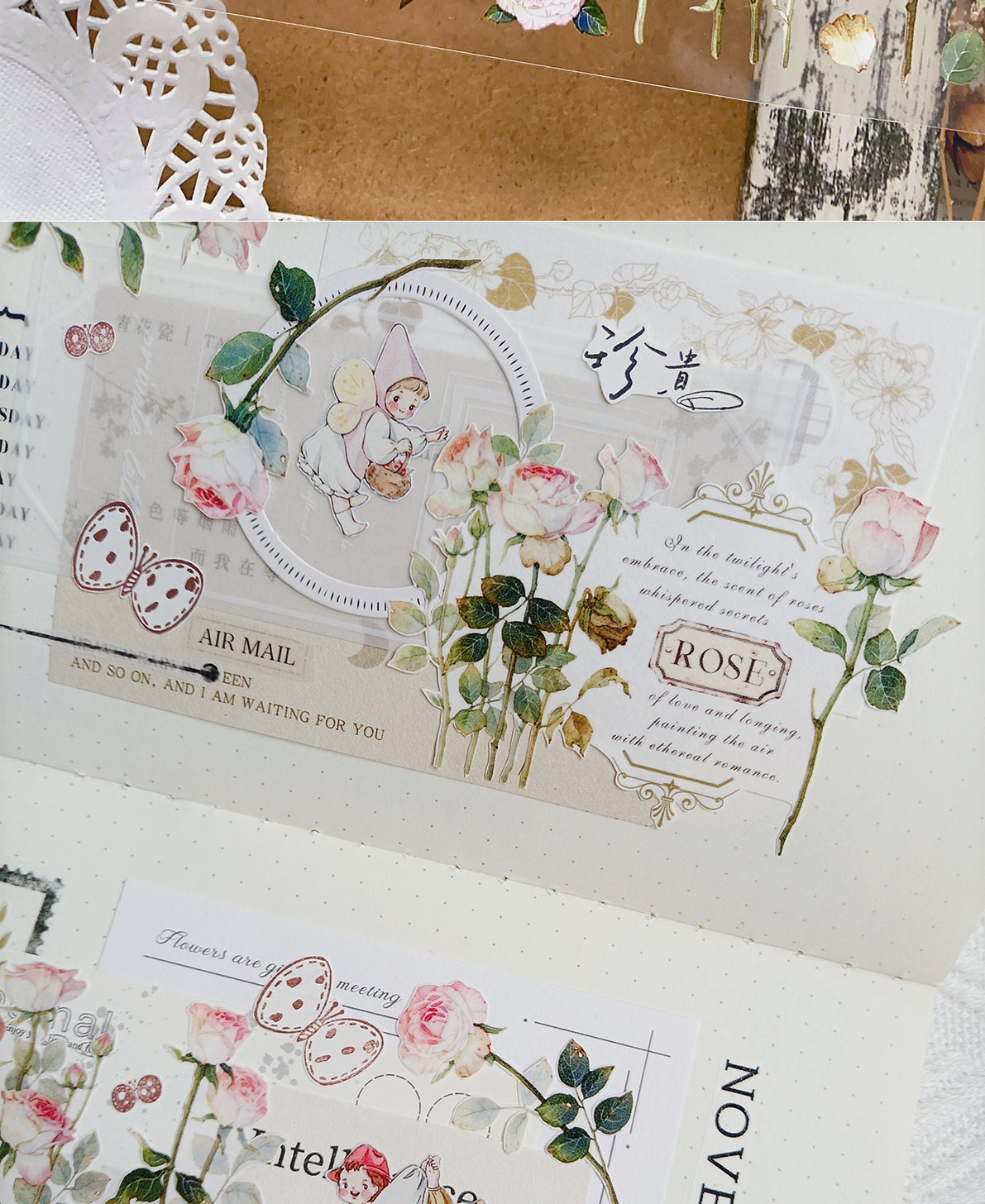 BaiCang【Rose Garden】Orginal Design Washi/Pet Tape Light Retro Landscaping Stickers,for Scrapbook Supplies,Scrapbook Tape Stickers,Junk Journal Supplies