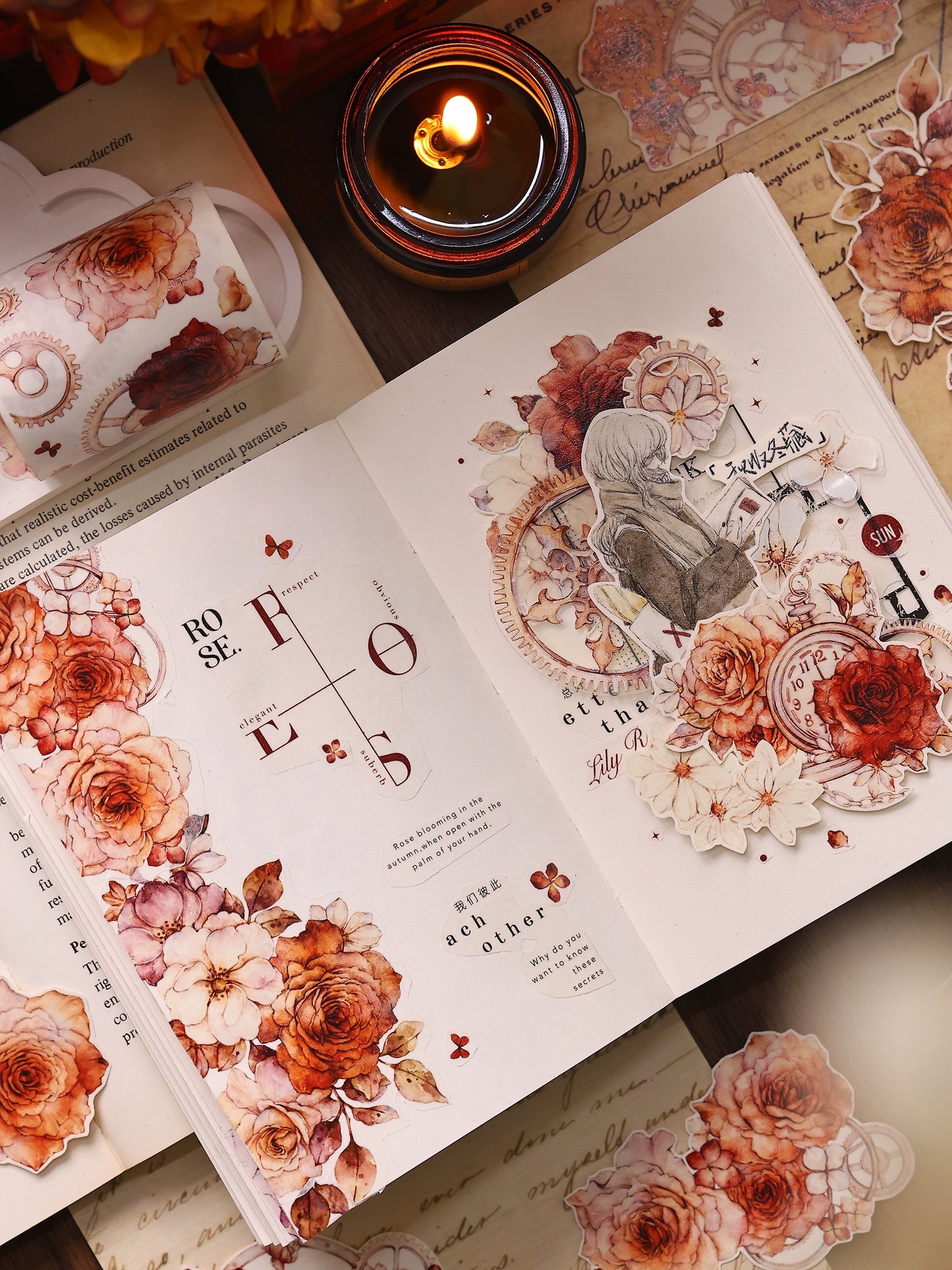 XiaoBaiJia【Flower Language Time】Light Retro Gear Red Moon Season Follower Orginal Design Washi Pet Tape Landscaping Stickers