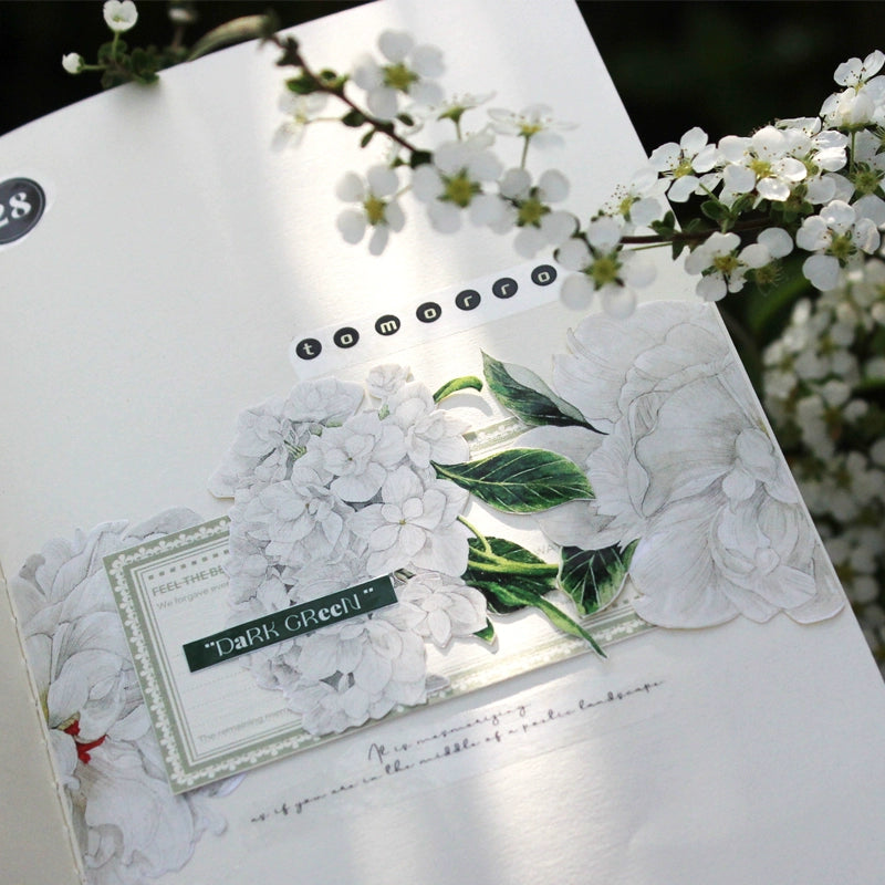 Moodtape【Tea White Camellia】Flower Landscap Original Design Washi/Pet Tape Stickers,for Scrapbook Supplies,Scrapbook Tape Stickers,Junk Journal Supplies