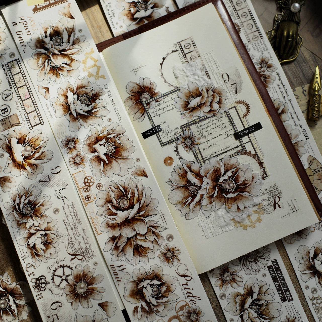 YiEr【Old Times】Orginal Design Washi/Pet Tape Light Retro Floral Stickers