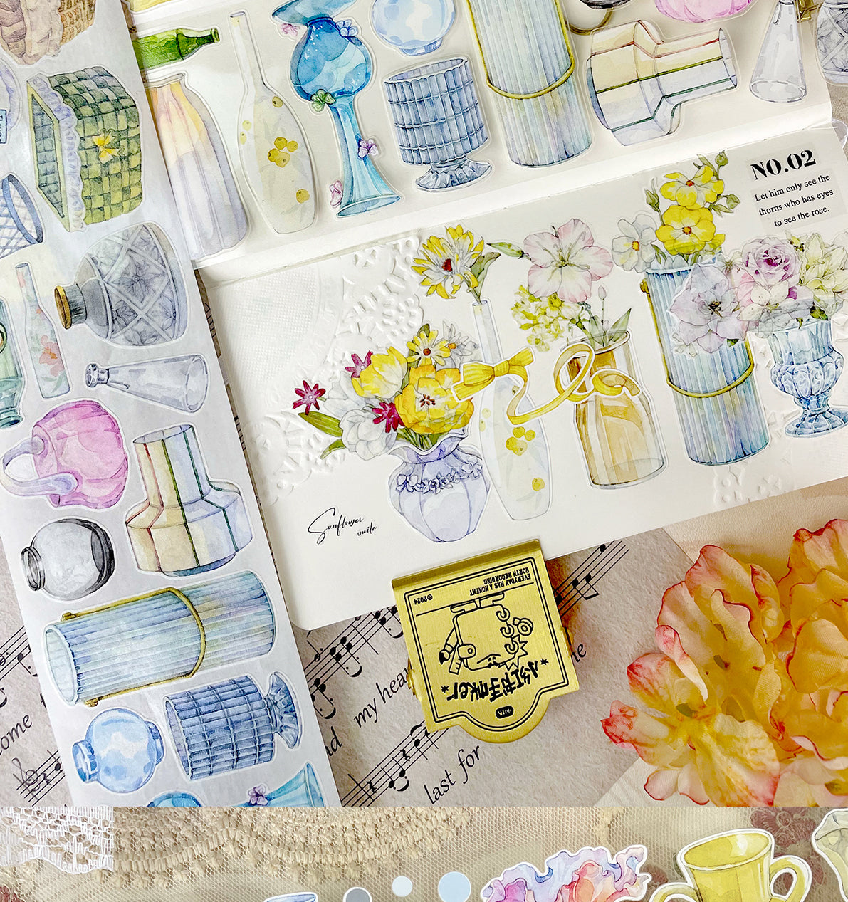 BaiCang【Vase and Flower Basket】Orginal Design Washi/Pet Tape Light Retro Landscaping Stickers,for Scrapbook Supplies,Scrapbook Tape Stickers,Junk Journal Supplies