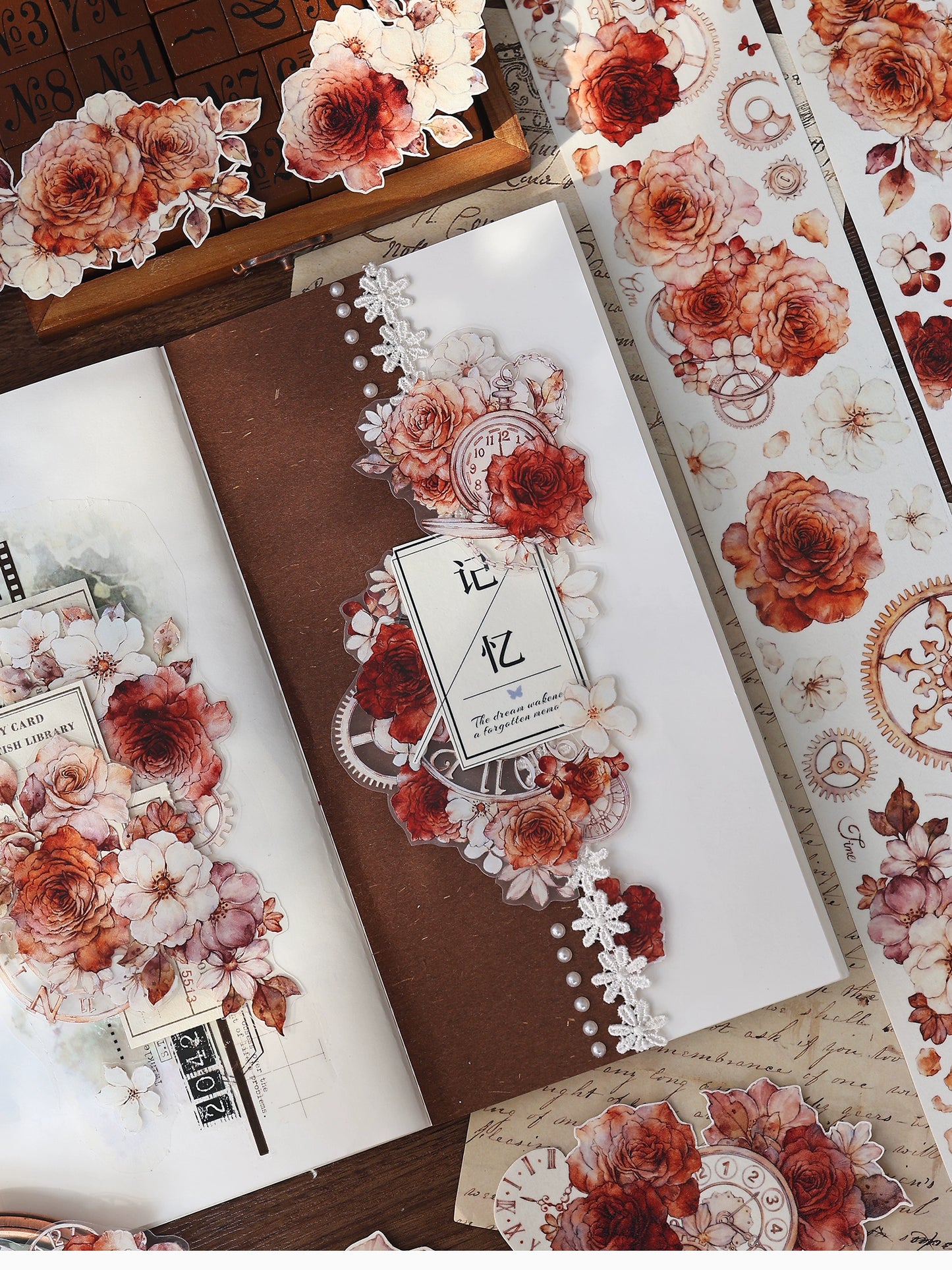 XiaoBaiJia【Flower Language Time】Light Retro Gear Red Moon Season Follower Orginal Design Washi Pet Tape Landscaping Stickers