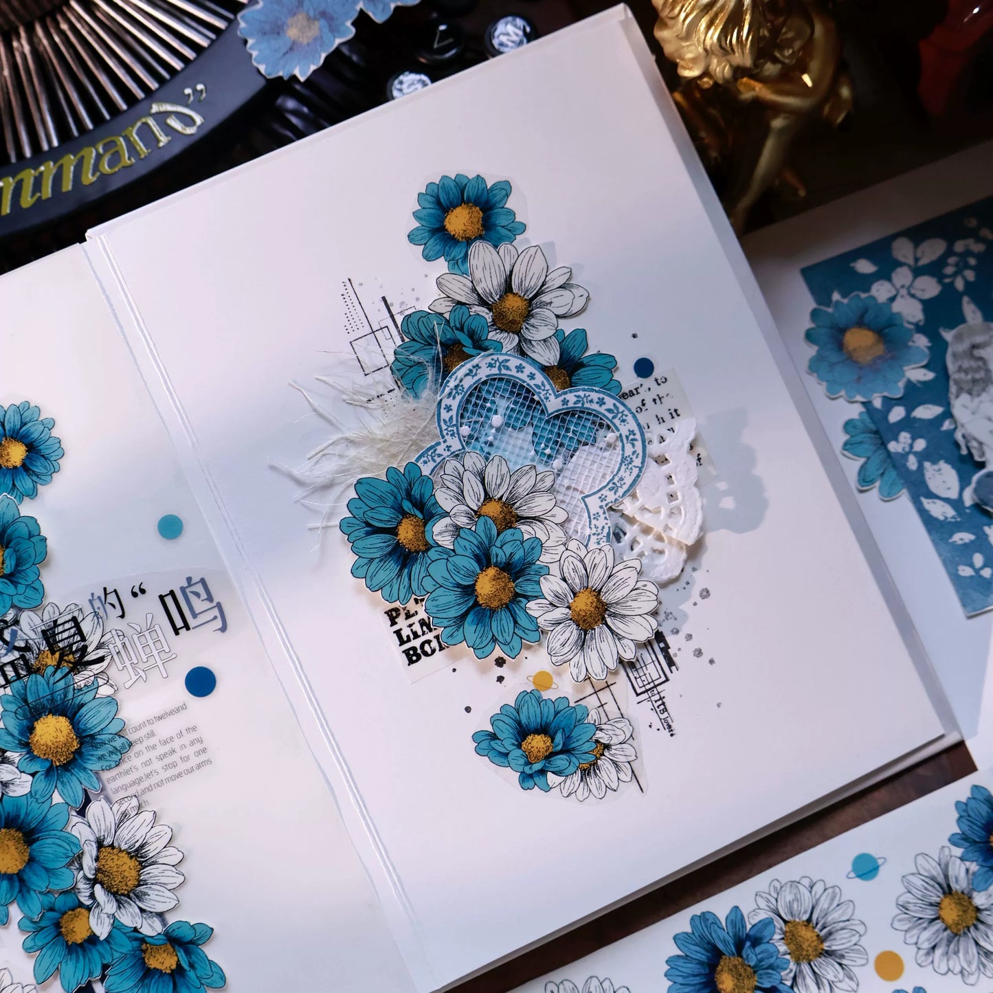 YiEr Vol14【Van Gogh Gardens】Blue Chrysanthemum Floral Washi Tape and PET Stickers