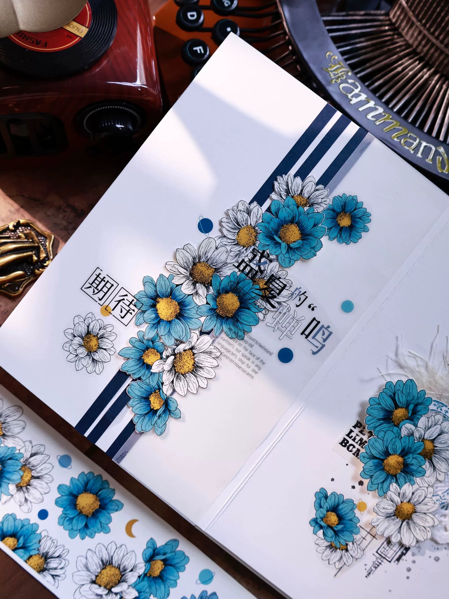 YiEr Vol14【Van Gogh Gardens】Blue Chrysanthemum Floral Washi Tape and PET Stickers