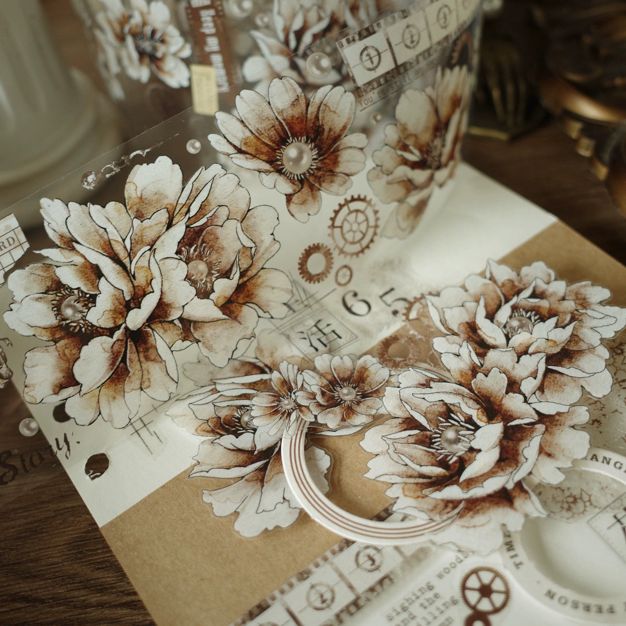 YiEr【Old Times】Orginal Design Washi/Pet Tape Light Retro Floral Stickers