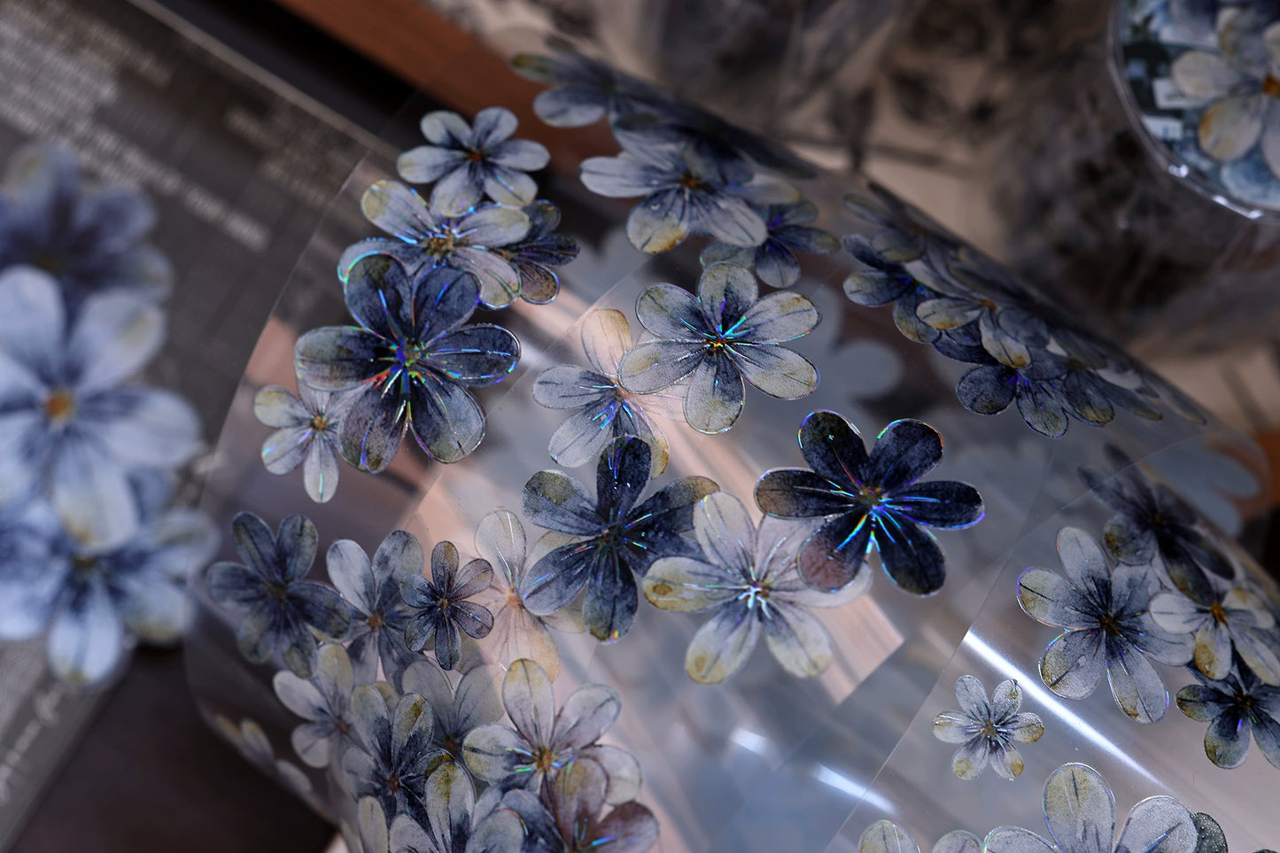 XiaoBaiJia【Deep Blue】Light Retro Blue-Black Flower Orginal Design Washi Pet Floral Tape Landscaping Stickers