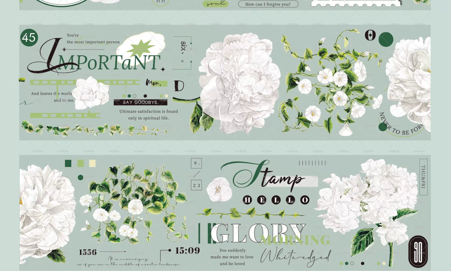 Moodtape【Tea White Camellia】Flower Landscap Original Design Washi/Pet Tape Stickers,for Scrapbook Supplies,Scrapbook Tape Stickers,Junk Journal Supplies